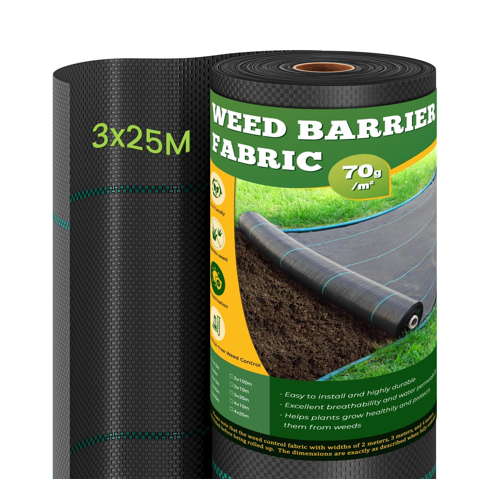 OUNUO Toiles de Paillage 3m x 25m, Toile Anti Mauvaises Herbes Jardin 70g/㎡, Geotextile, Bache Noire Agricole, Barriere Anti Racine, Contre Les Mauvaises Herbes, Tissu Perméable à l'eau