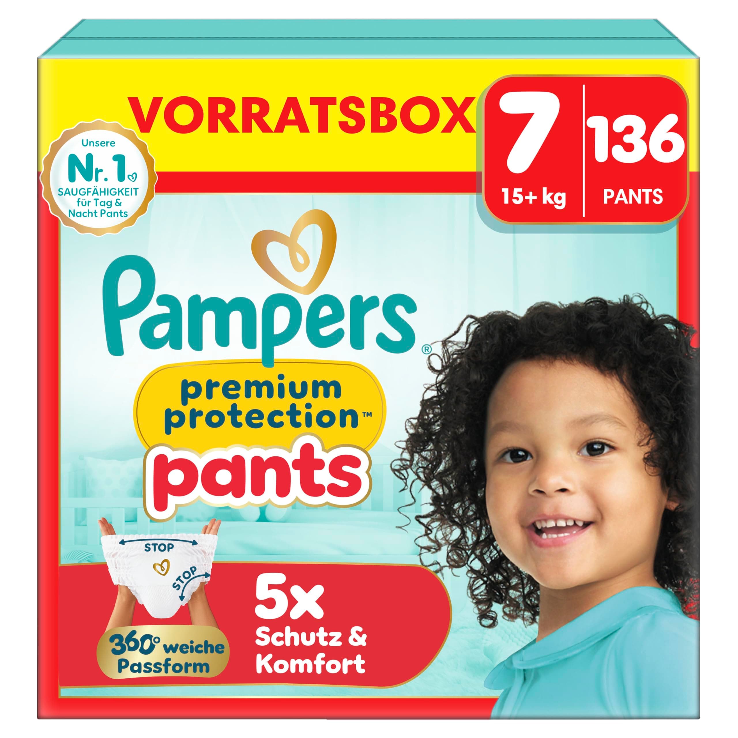 Pampers Premium Protection Pants Größe 7, 136 Windeln, 15kg+, mit 360° Passform und weichen Anti-Auslaufbündchen für unseren besten Komfort und Schutz