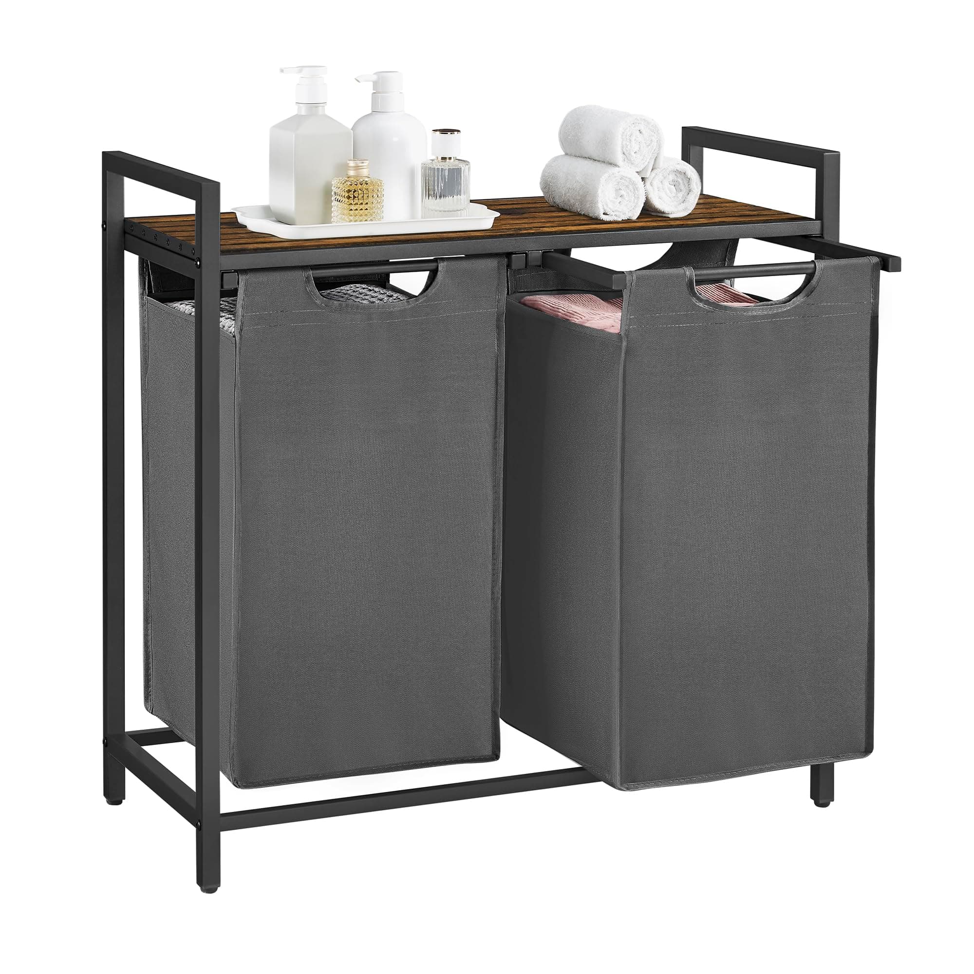 VASAGLE Wäschekorb 2 Fächer, Wäschesammler mit Ablage, Wäschebox, Wäschesack aus Oxford-Gewebe abnehmbar, Metallrahmen, 2 x 46 L, 73 x 33 x 72 cm, schiefergrau-vintagebraun BLH201G01