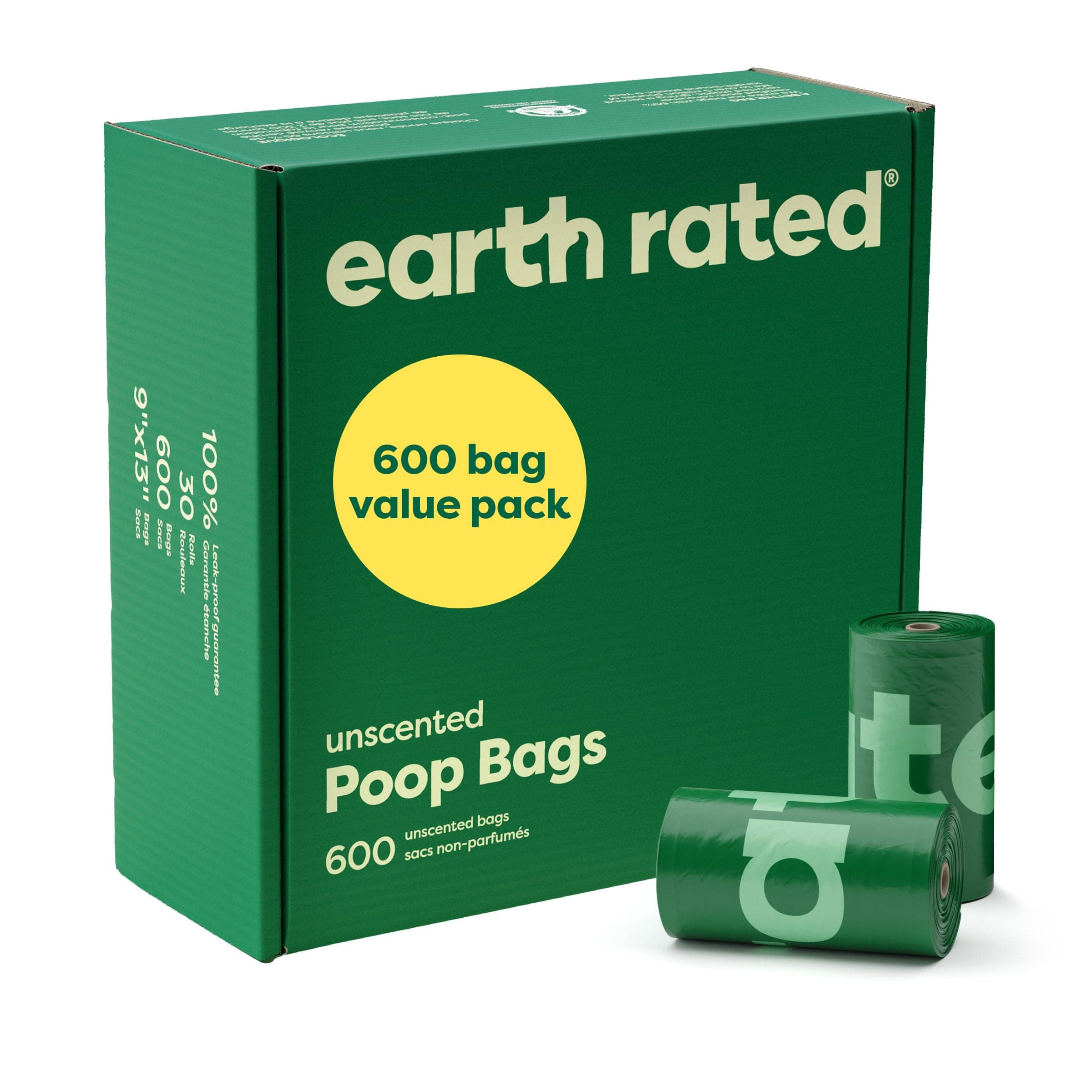 Earth Rated Bolsas para heces de perro, para mascotas a prueba de fugas y extragruesas, aptas para perros de cualquier tamaño, Rollos de recarga, sin aroma, 600 unidades