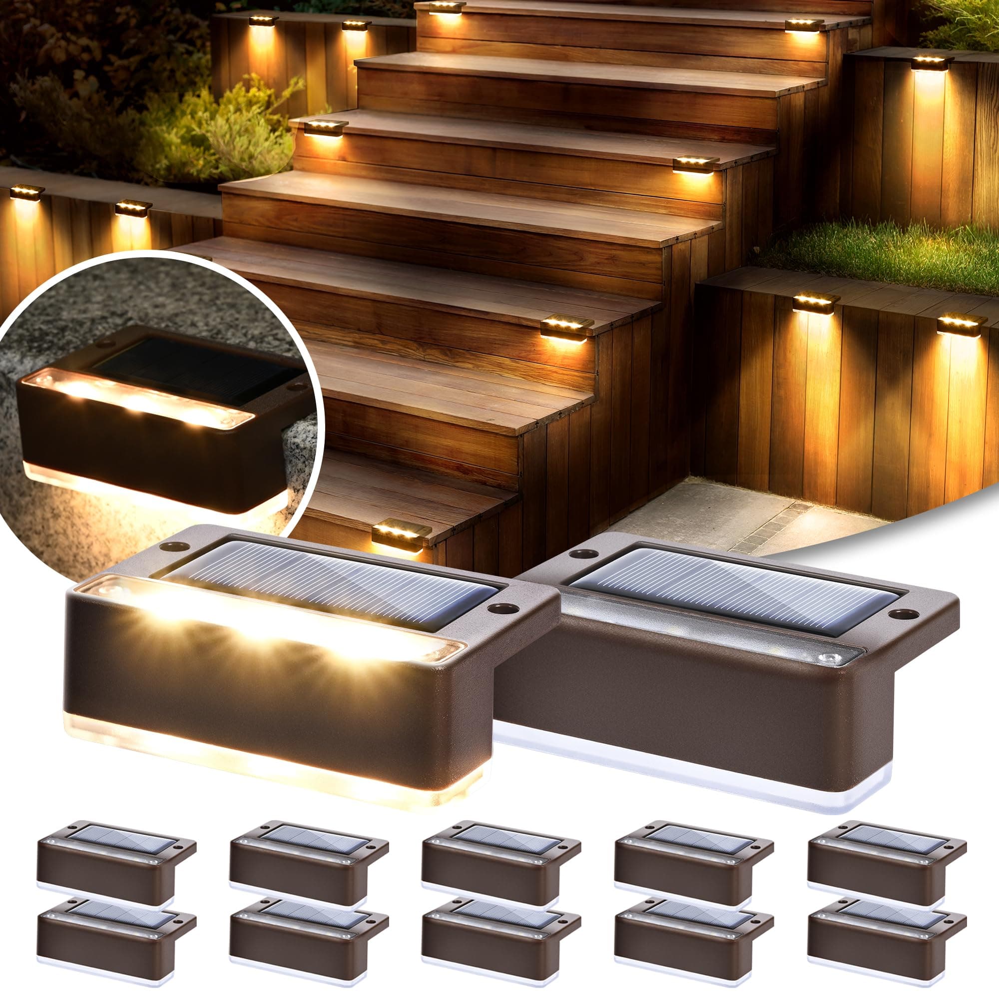 Solpex luces solares para exterior, 12 piezas, luz blanca cálida para escaleras, luces solares impermeables, iluminación LED para escaleras exteriores, escalones, valla, patio, decoración (Marrón)