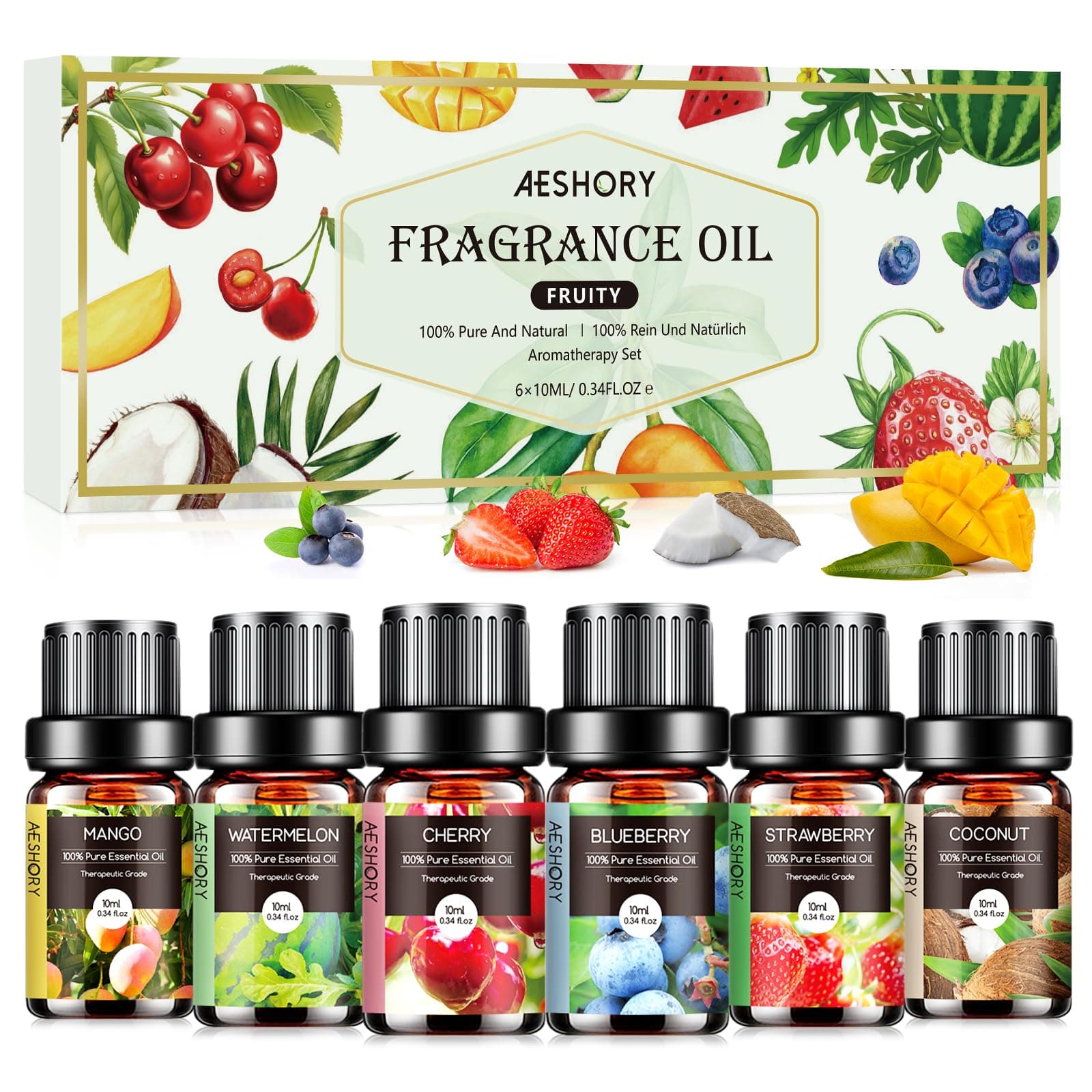 AESHORY Frutas Aceites Esenciales para Humidificador Difusor 6 x 10ML, Aceite Aromático de Afrutado Naturales, Set de Aceites Esenciales Aromaterapia - Fresa, Arándano, Cereza, Coco, Sandía, Mango