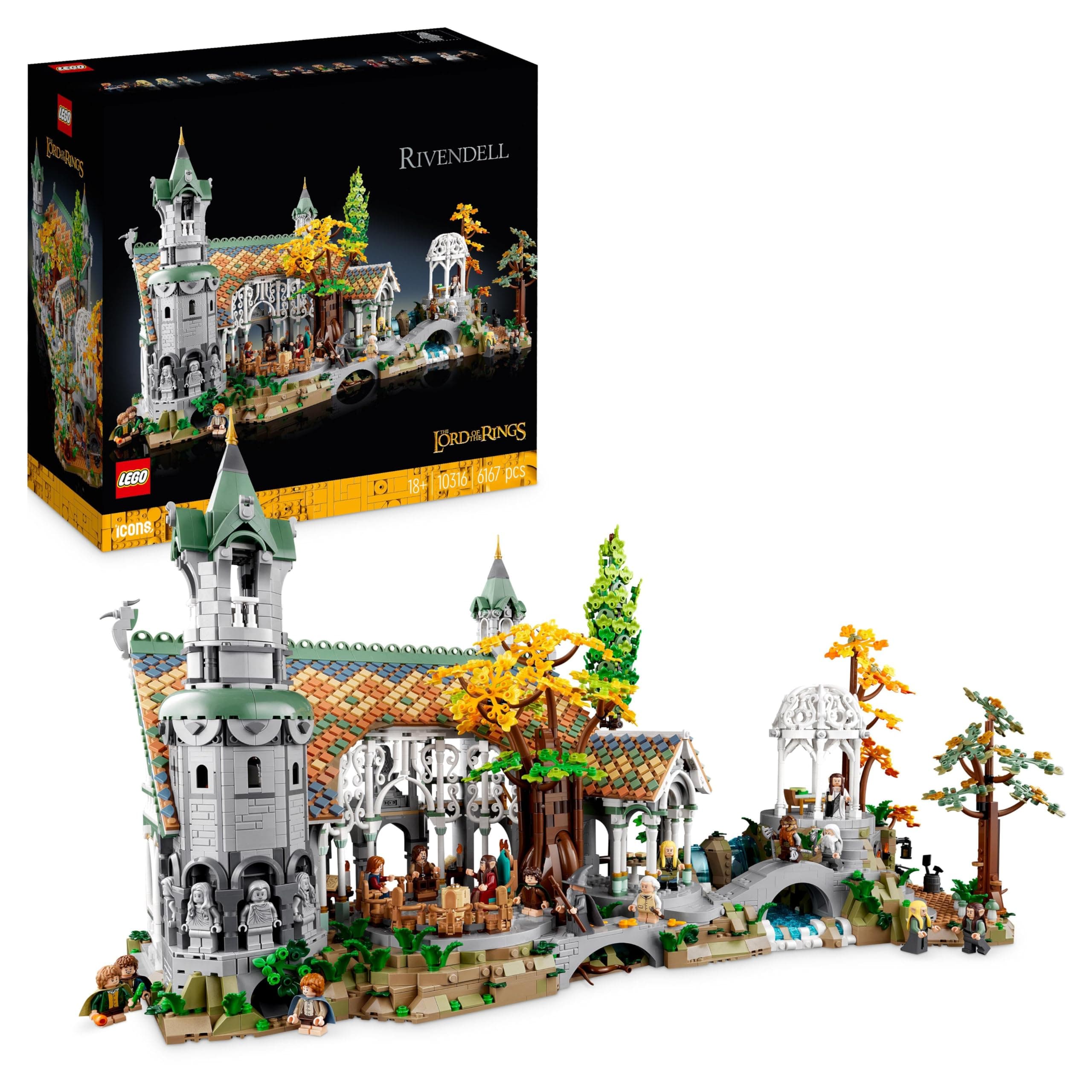 LEGO 10316 Icons Le Seigneur des Anneaux : Fondcombe, Construisez la Vallée de la Terre du Milieu, Grand Set Immersif avec 15 Minifigurines incluant Frodon, Sam et Bilbon Sacquet (Exclusivité Amazon)