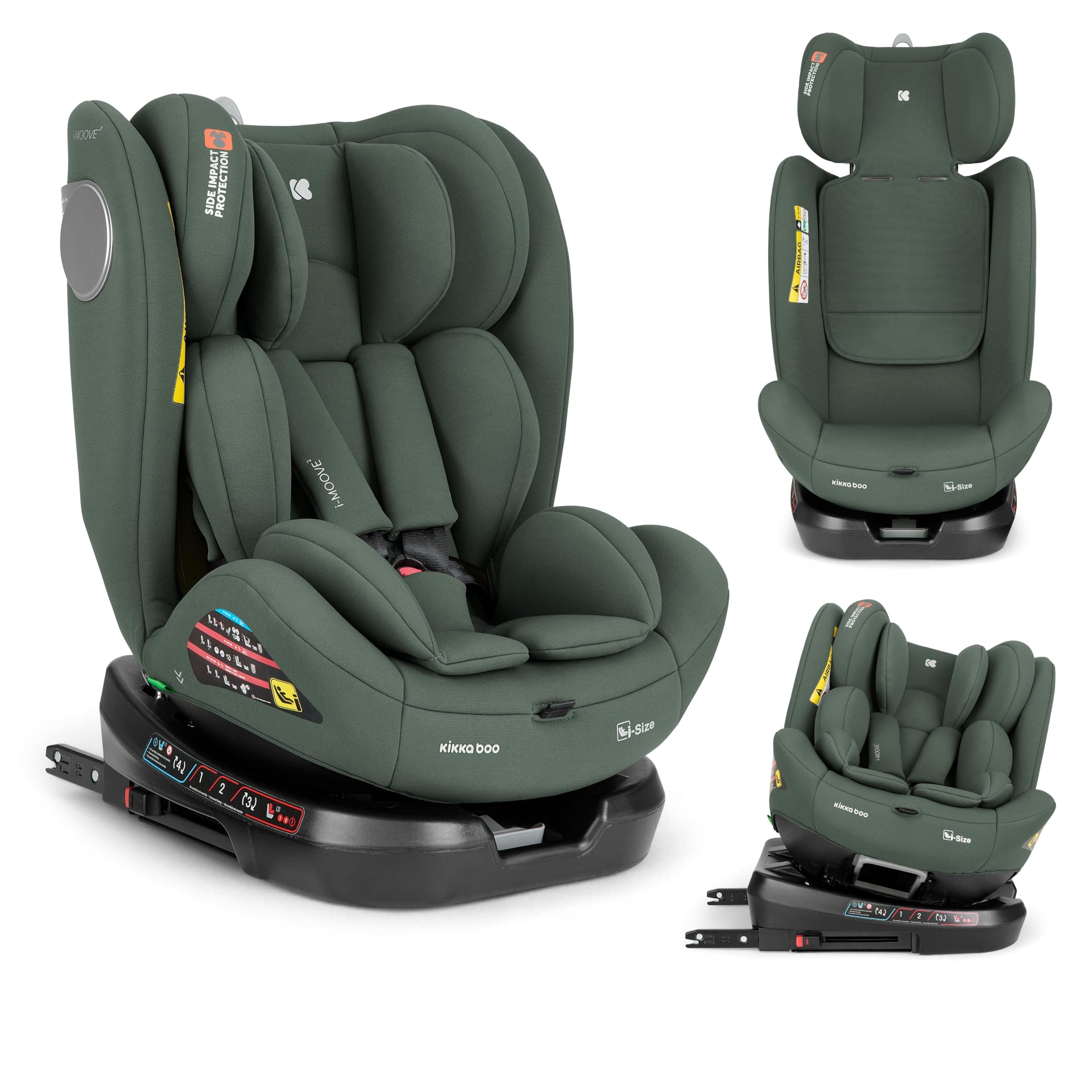 KikkaBoo Seggiolino Auto 0–36 kg ISOFIX i-Size i-MOOVE 2, 40–150 cm, Rotazione 360°, Reclinabile, Poggiatesta Regolabile, Contro e Fronte Marcia, Verde Militare