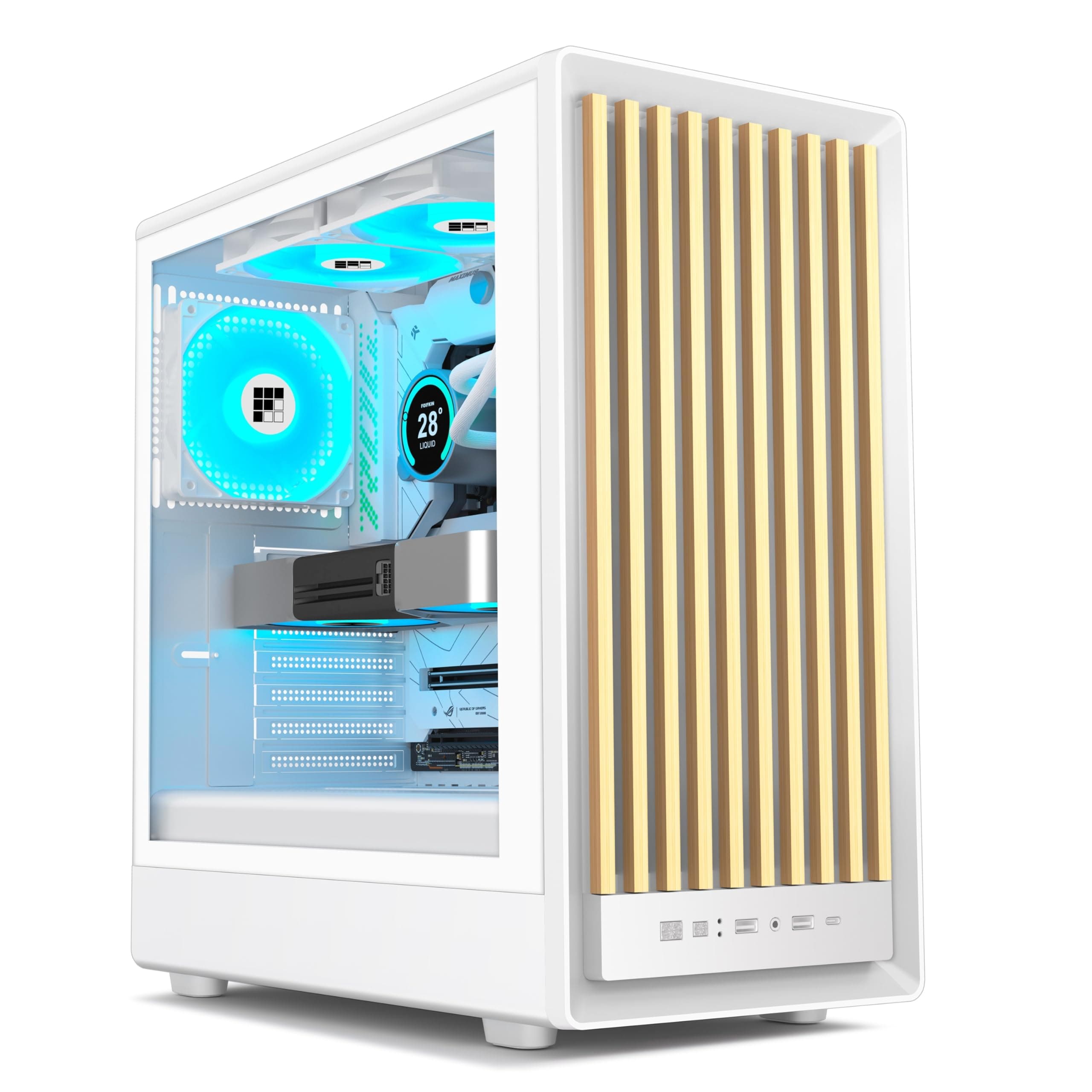 FOIFKIN M1 PC Case - Legno Noce Anteriore - 4 PWM ARGB ventola preinstallata, ATX Mid-Tower Gaming PC,con Type-C (Bianco, M1)