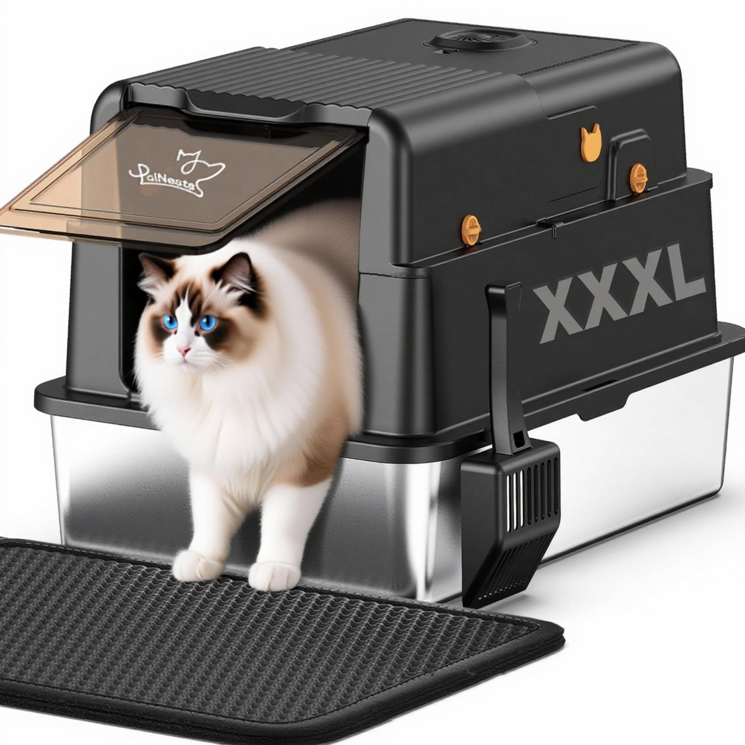 PalNests Arenero Gato Acero Inoxidable, 120L XXXL Caja de Arena para Gatos con Tapa Abatible de 105°, De Gran Tamaño Metal Extraíble Litter Box, Caja de Arena Lados Altos con Desodorización de Arena