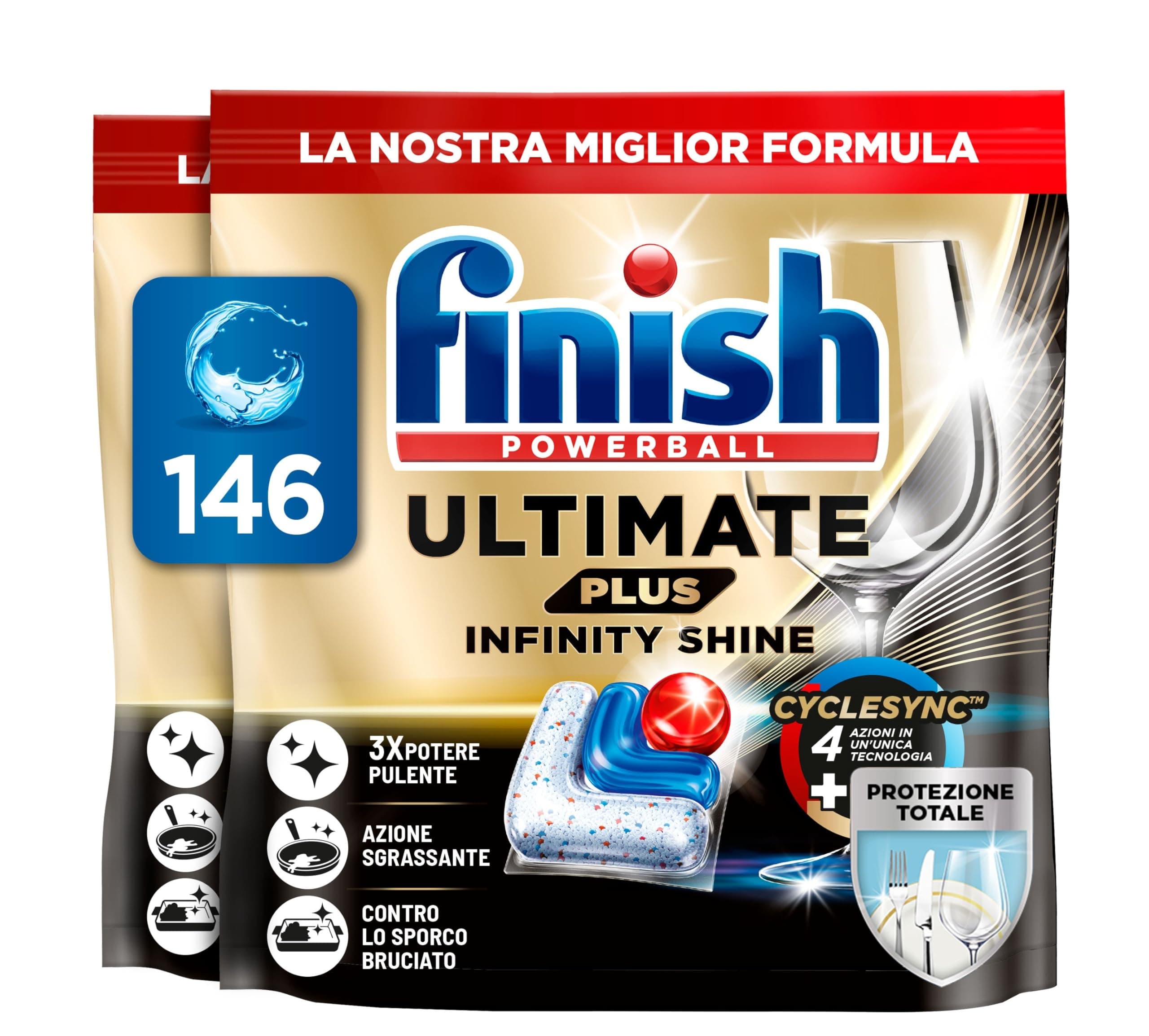 Finish Ultimate PLUS Infinity Shine Capsule Lavastoviglie, 146 Capsule, Detergenti per Lavastoviglie contro lo Sporco e i Residui Incrostati (Confezione da 2)