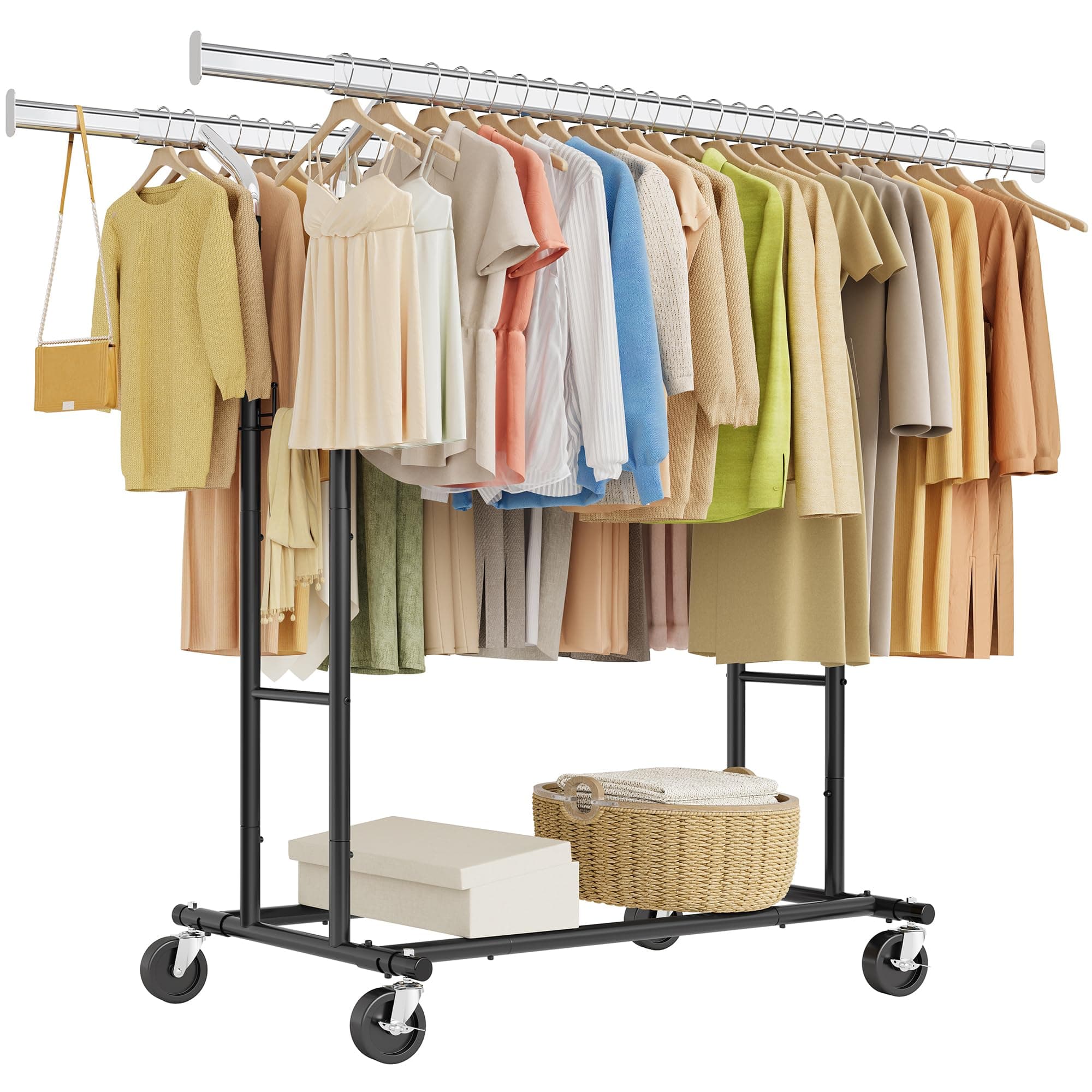 Tajsoon Porte-vêtements double avec roulettes - Charge maximale : 218 kg - Pliable - Pour une utilisation commerciale - Noir