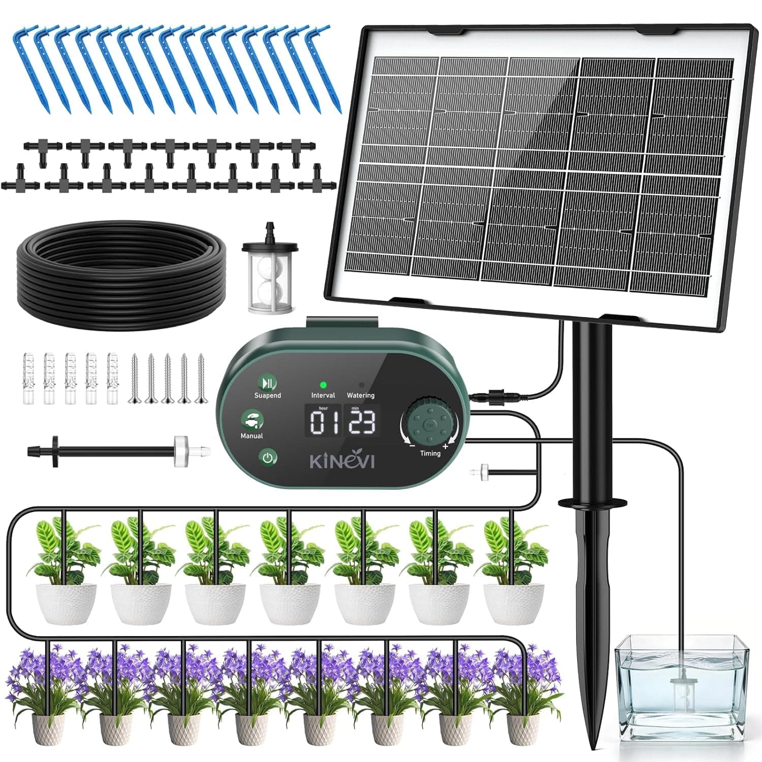 Sistema de Riego Solar para Jardín, Kit Riego Por Goteo Autorriego con 15 Micro Cabezales de Goteo, para jardín, plantas de interior y exterior, césped plantas en maceta balcón hortalizas y arbustos