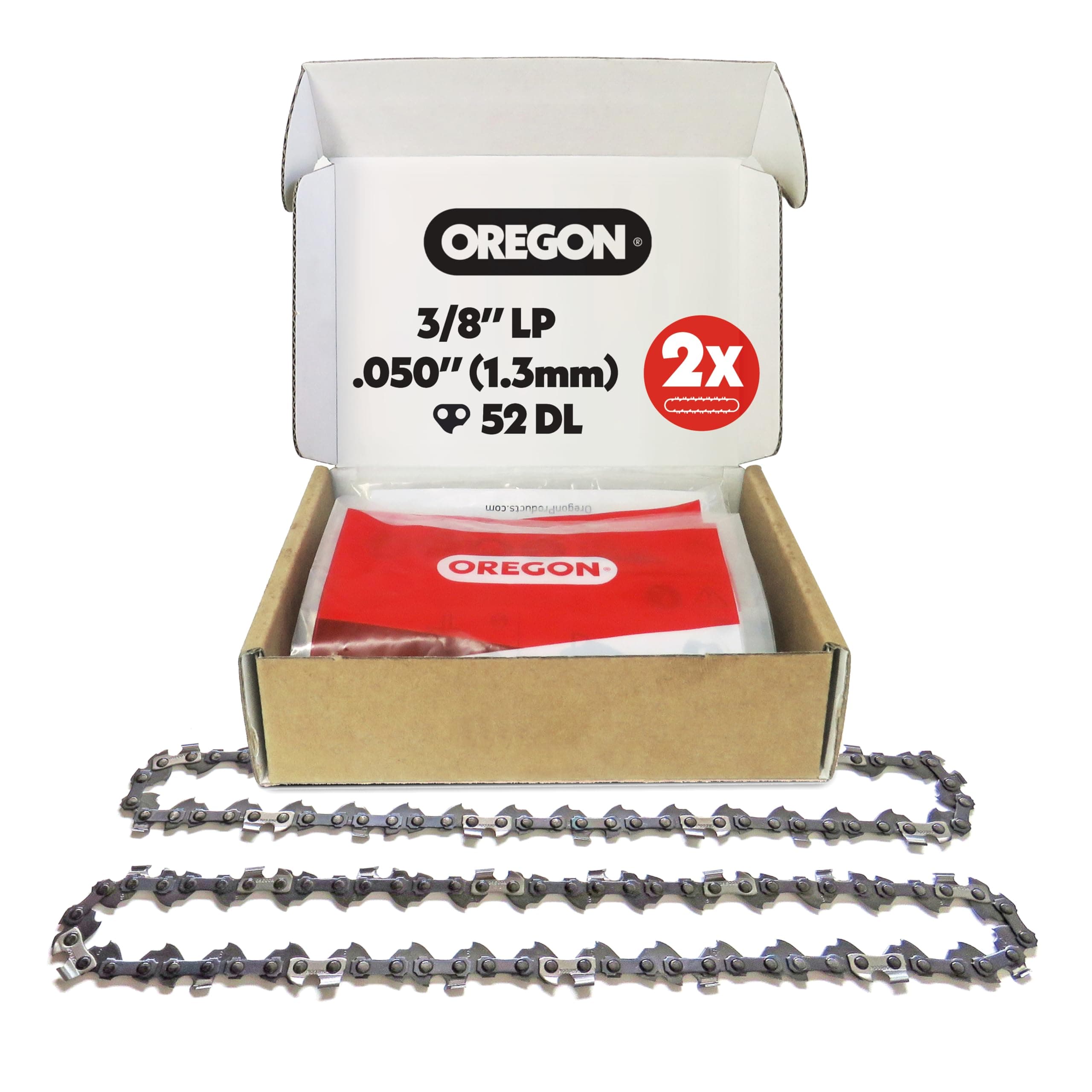 Oregon 2-er Pack Sägekette 3/8 LP Teilung, 0,50 Zoll (1,3 mm) Stärke, für 14 Zoll (35 cm) Führungsschiene, 52 Treibglieder - Geringer Rückschlag Ersatzsägekette für Husqvarna, Ryobi, Bosch und mehr