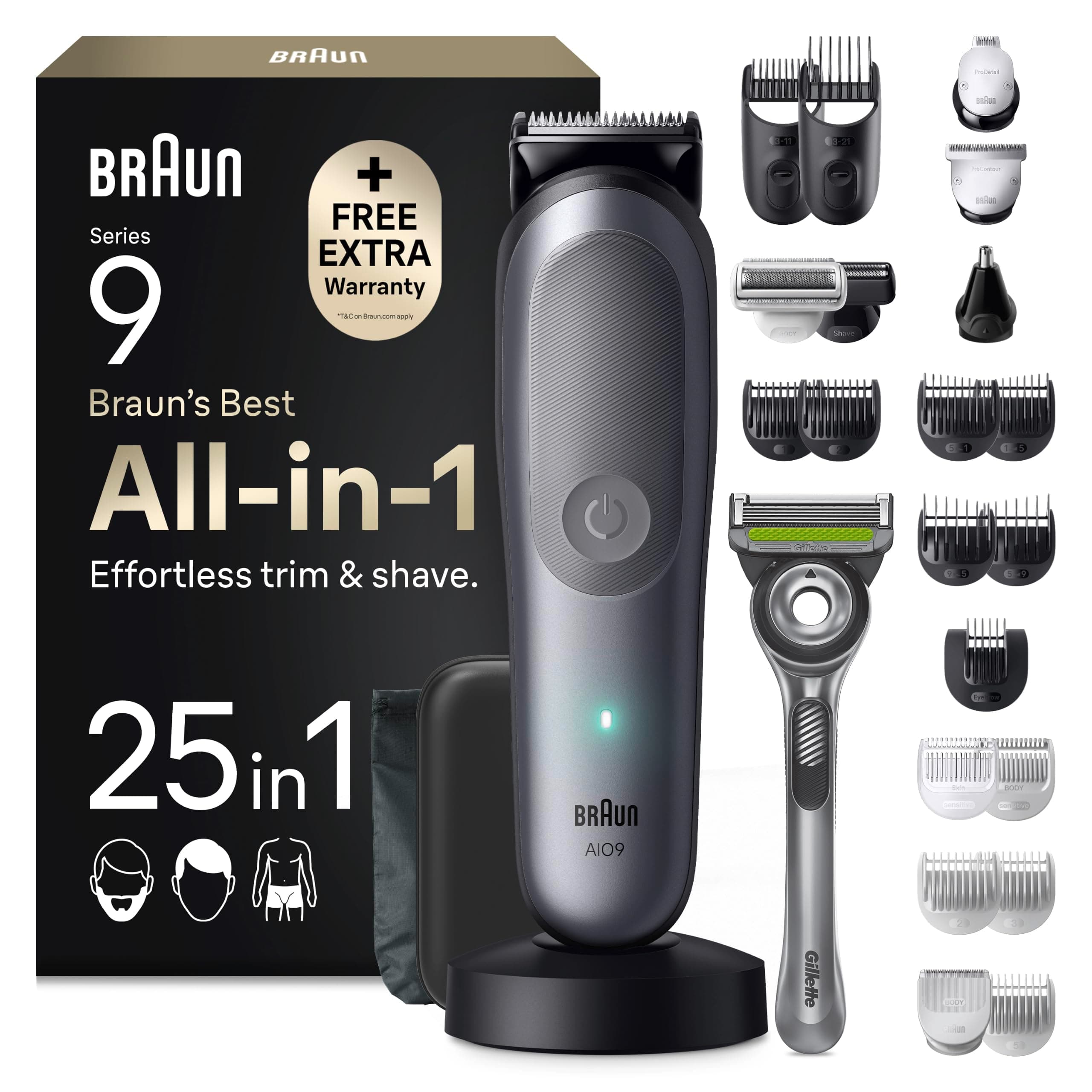 Braun Tondeuse Homme, Tout-en-Un Series 9 AIO9545 Gris | Electrique, Etanche, Kit 25-en-1, Mode BodyGentle, Batterie Rechargeable, Coffret avec Un Rasoir Gillette Labs, 15 Sabots