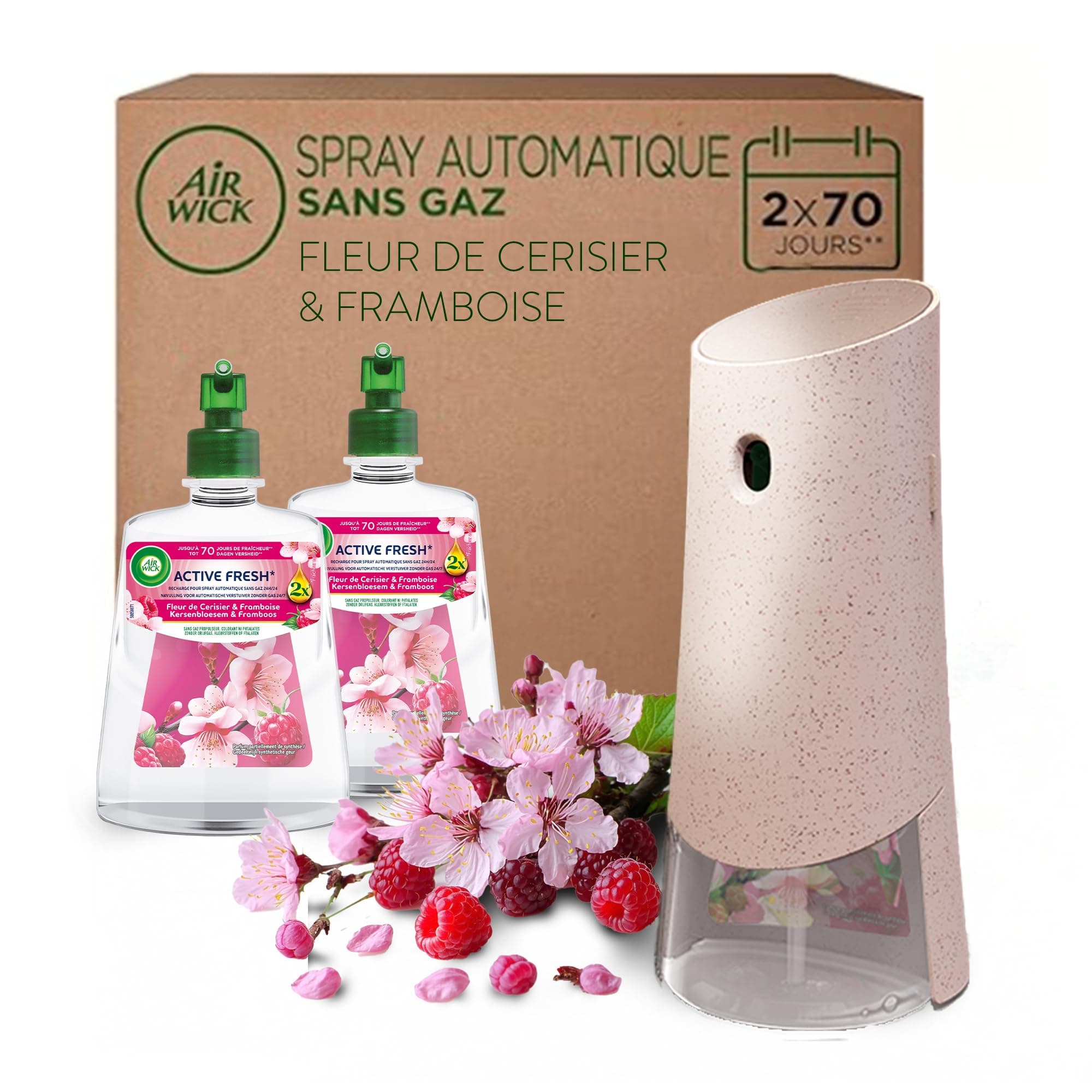 Air Wick Désodorisant Maison Spray Automatique Sans Gaz Active Fresh - 1 Diffuseur + 2 Recharges Parfum Fleur de Cerisier & Framboise