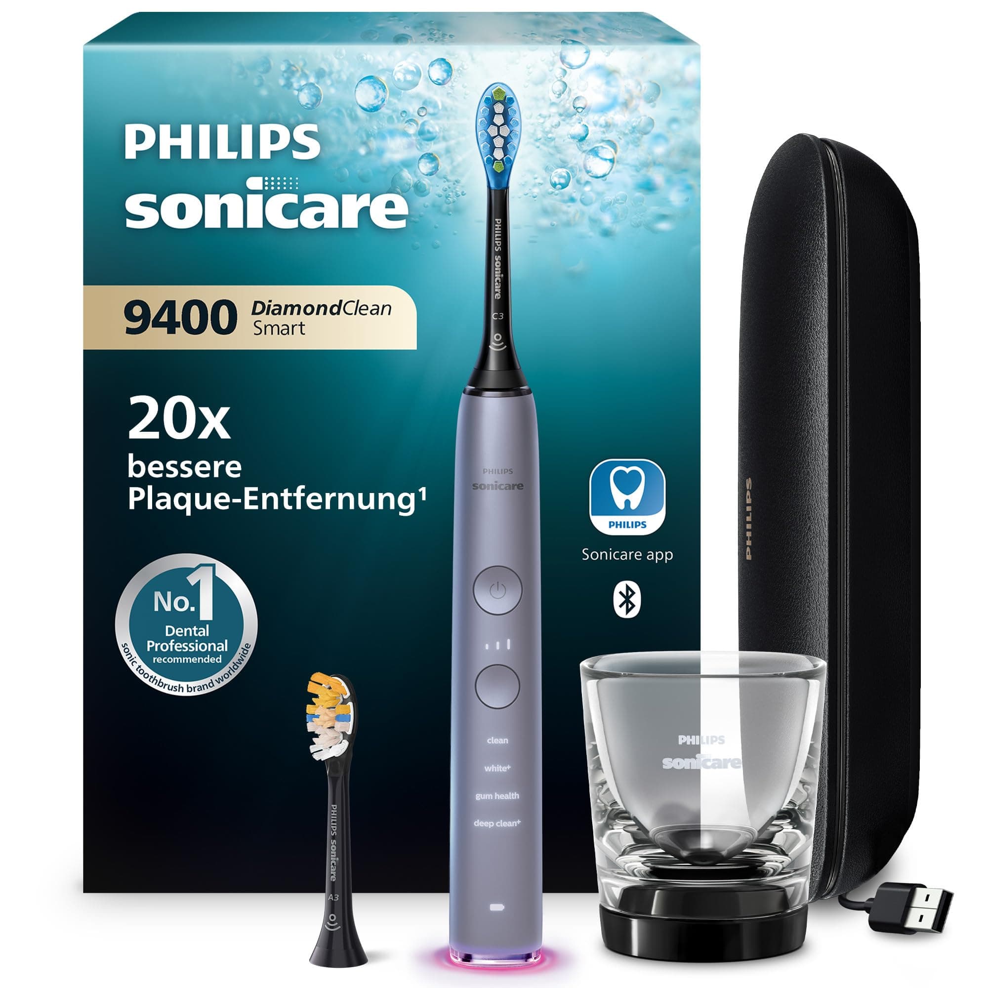 Philips Sonicare DiamondClean Smart 9400 elektrische Zahnbürste, Schallzahnbürste mit App, Drucksensor, Bürstenkopferkennung, 4 Putzmodi und 3 Intensitätsstufen, Grau, Modell HX9917/90