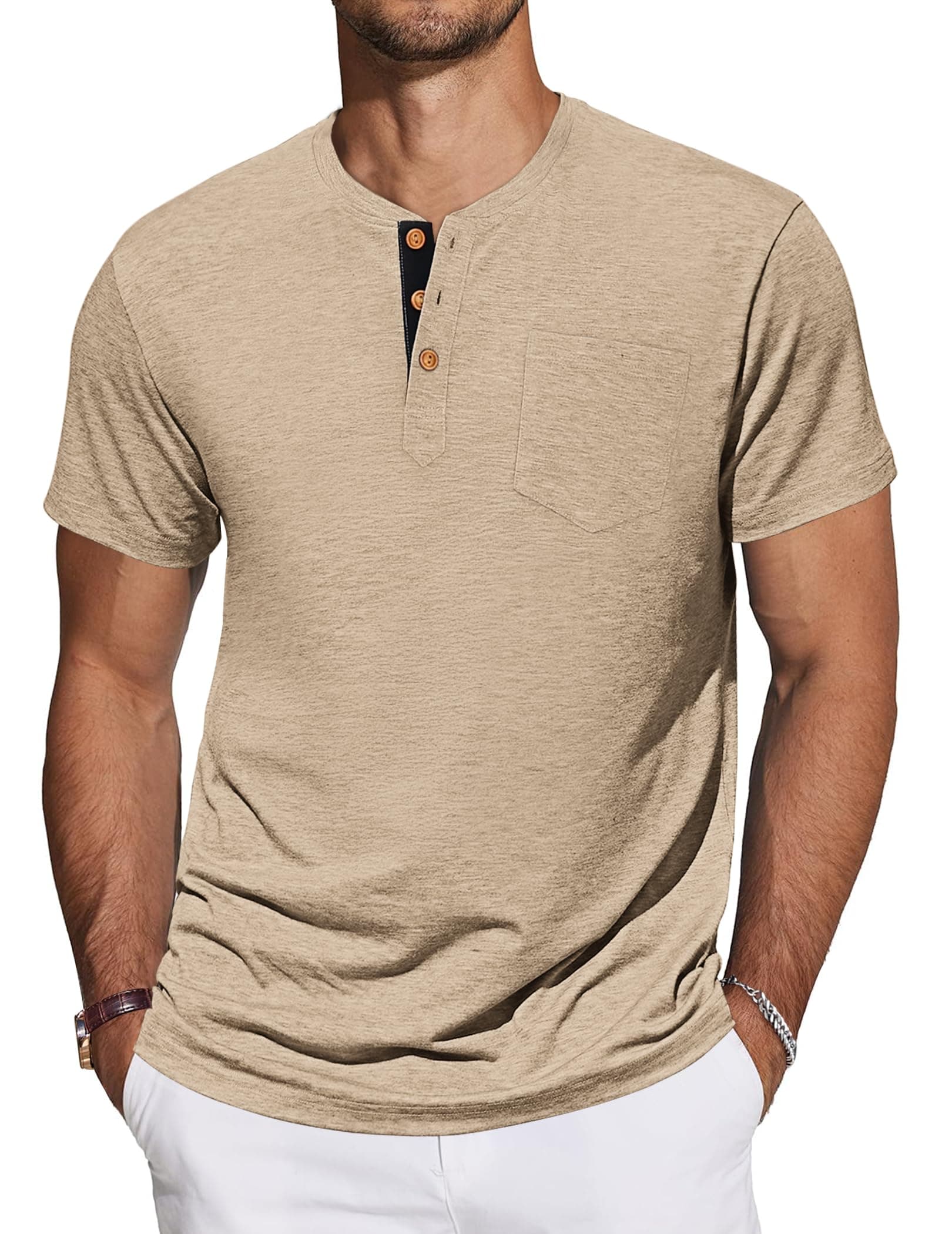 TARAINYA Henley T-Shirt Uomo Cotone Maglietta Maniche Corte Tinta Unita con Tasche Estate M-4XL