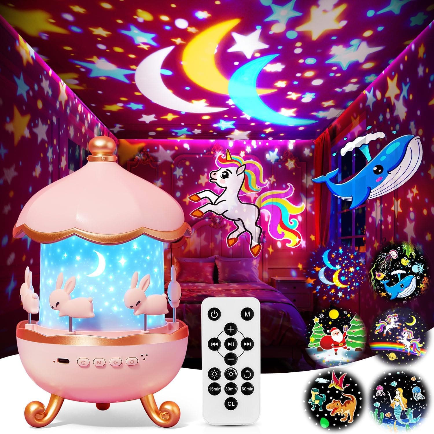 One Fire Regalo Niñas - Proyector Estrellas y Luz Nocturna Infantil, 315 Modos & 15 Diapositivas, Juguete Educativo 360° para Dormir, Recargable con 15 Canciones, Mando a Distancia y Temporizador