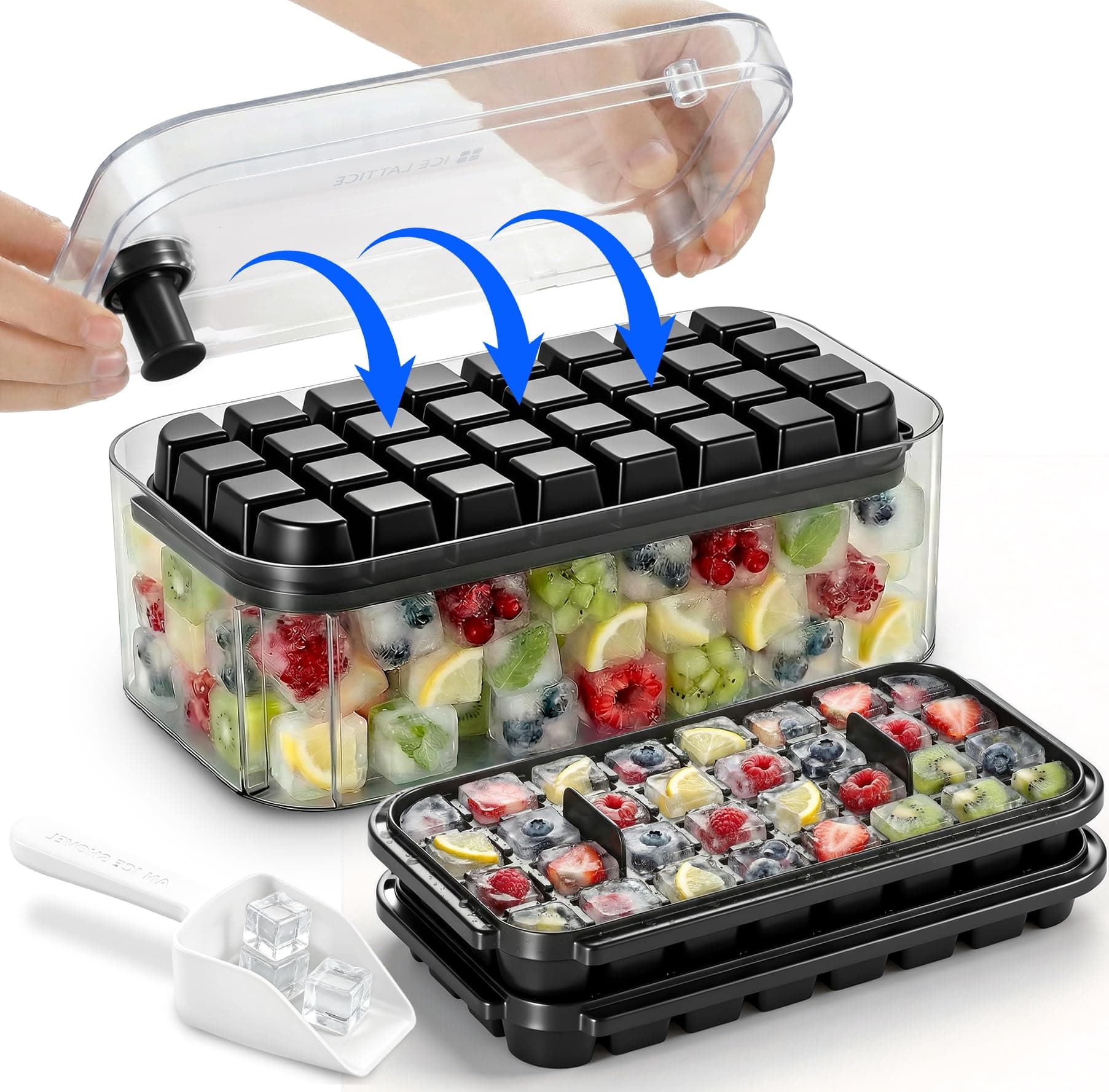 Cubiteras Para Hielo, Moldes Hielo,Bandeja Hhielo,Cubitera de Grado Alimenticio, Liberación de Todos Los Cubitos de Hielo en un Segundo, Molde Hielo Reutilizable Para 64 Ice Cube Tray(negro)