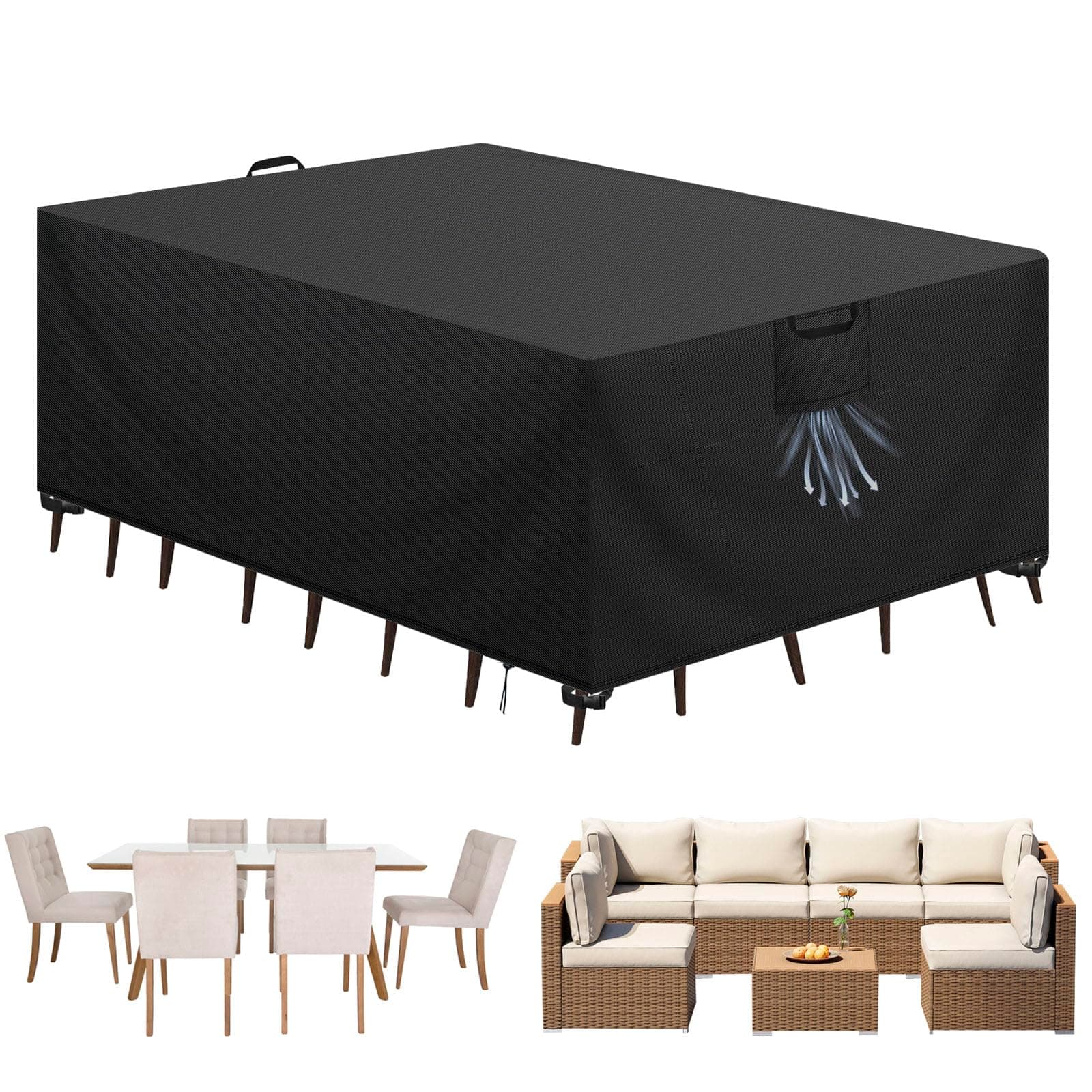 Aujink Copertura Tavolo Esterno Impermeabile, Panno 420D Oxford Impermeabile Copertura Per Mobili da Giardino Tavoli e Sedie da Cortile Raggi UV Resistente allo Strappo , Nero, 300x200x90 cm