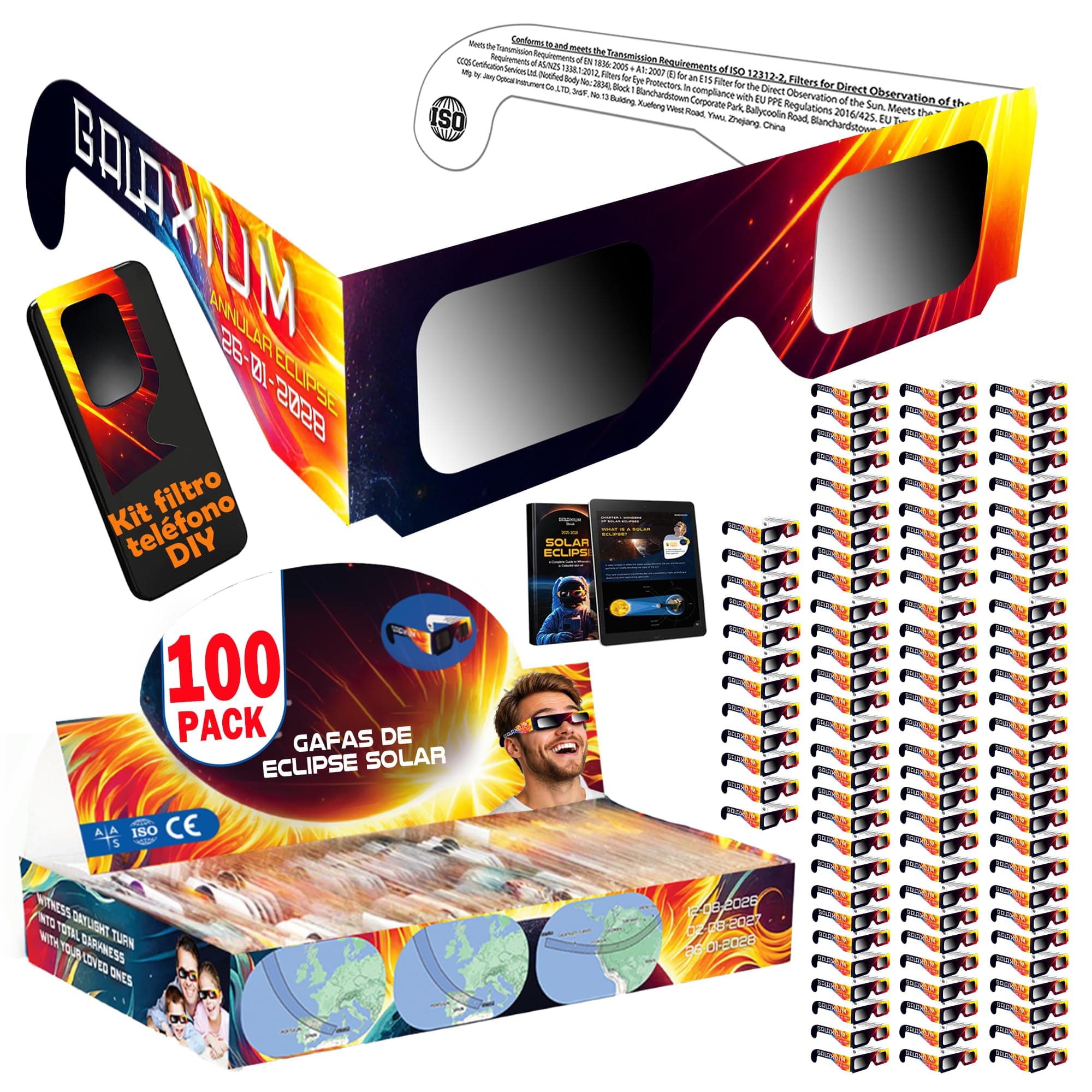 Galaxium 25/50/100 Gafas Eclipse Solar Homologadas ISO 12312-2 - Aprobadas AAS 2026 - Certificadas CE - Seguras para Observación Directa - Gafas para Ver Eclipse Solar