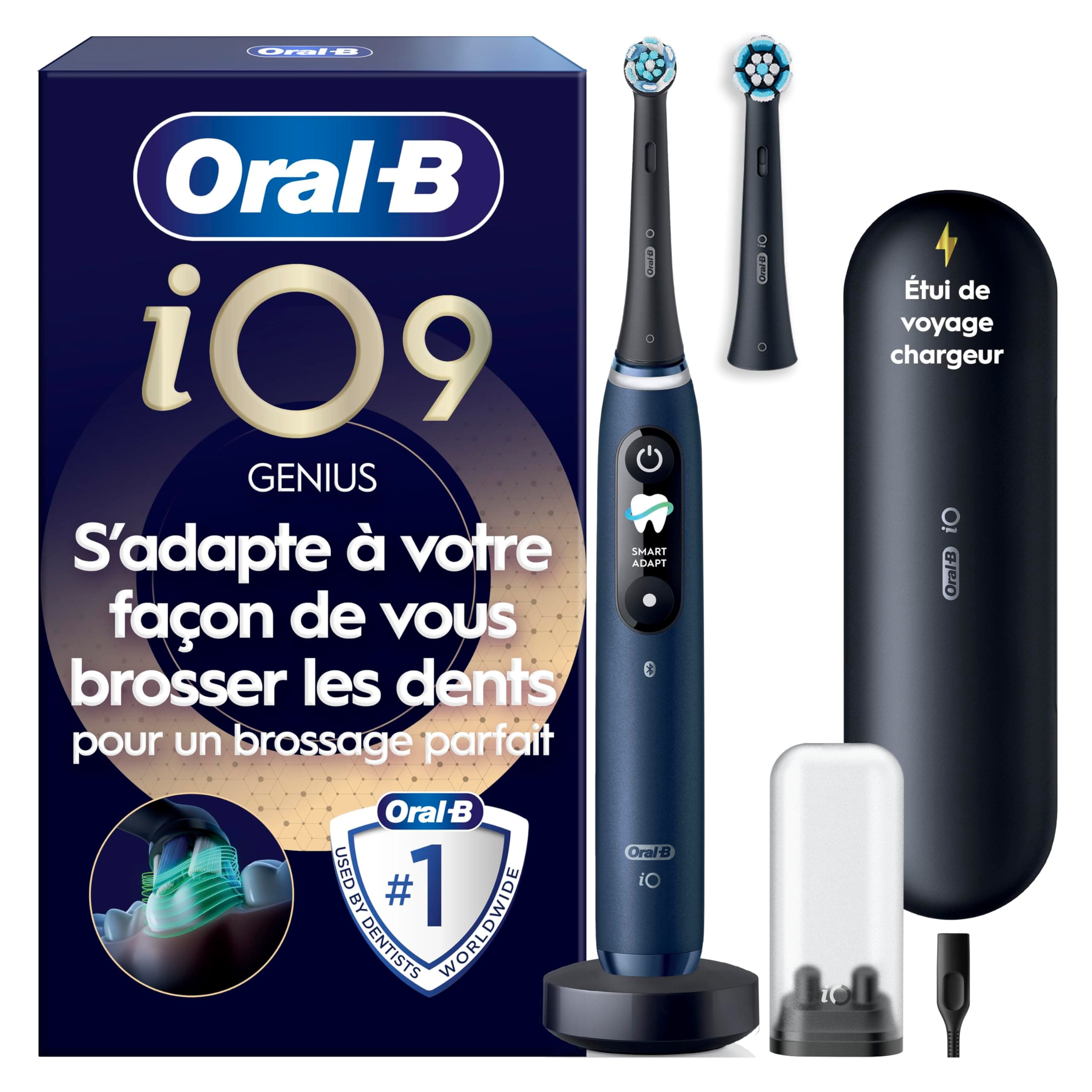 Oral-B Brosse A Dents iO 9 Bleu Saphir, 7 Modes De Brossage Dont Blancheur Et SMART ADAPT, Ecran Interactif, 2 Brossettes Oral B De Rechange Douces Pour Les Gencives, Etui De Voyage De Charge
