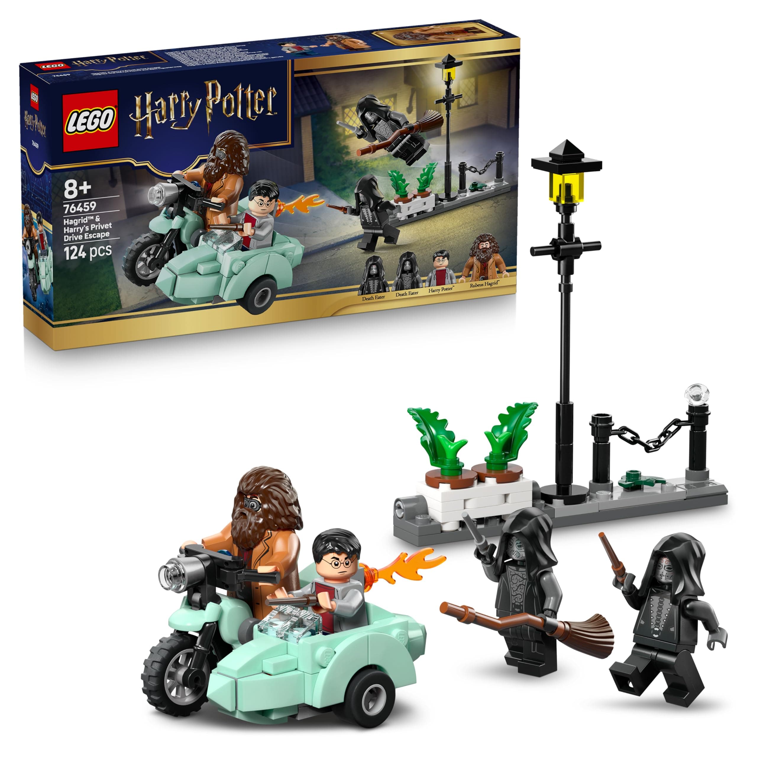 LEGO Harry Potter Hagrids und Harrys Flucht aus dem Ligusterweg - Motorrad Spielzeug mit 4 Minifiguren - 2 Todesser, eine Straßenszene - Geschenk für Mädchen, Jungen und Fans ab 8 Jahren - 76459