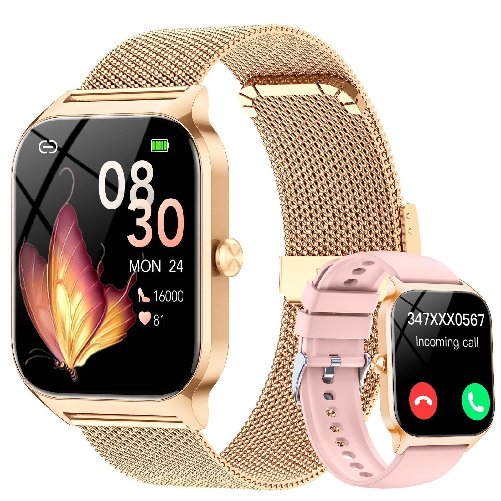 CASCHO Smartwatch Mujer Elegante 1.85" HD con Llamadas Bluetooth y Asistente IA, Reloj Inteligente Mujer con 2 Correas, Sueño, Frecuencia Cardíaca y Oxígeno en Sangre, Android iPhone(Oro Rosa)