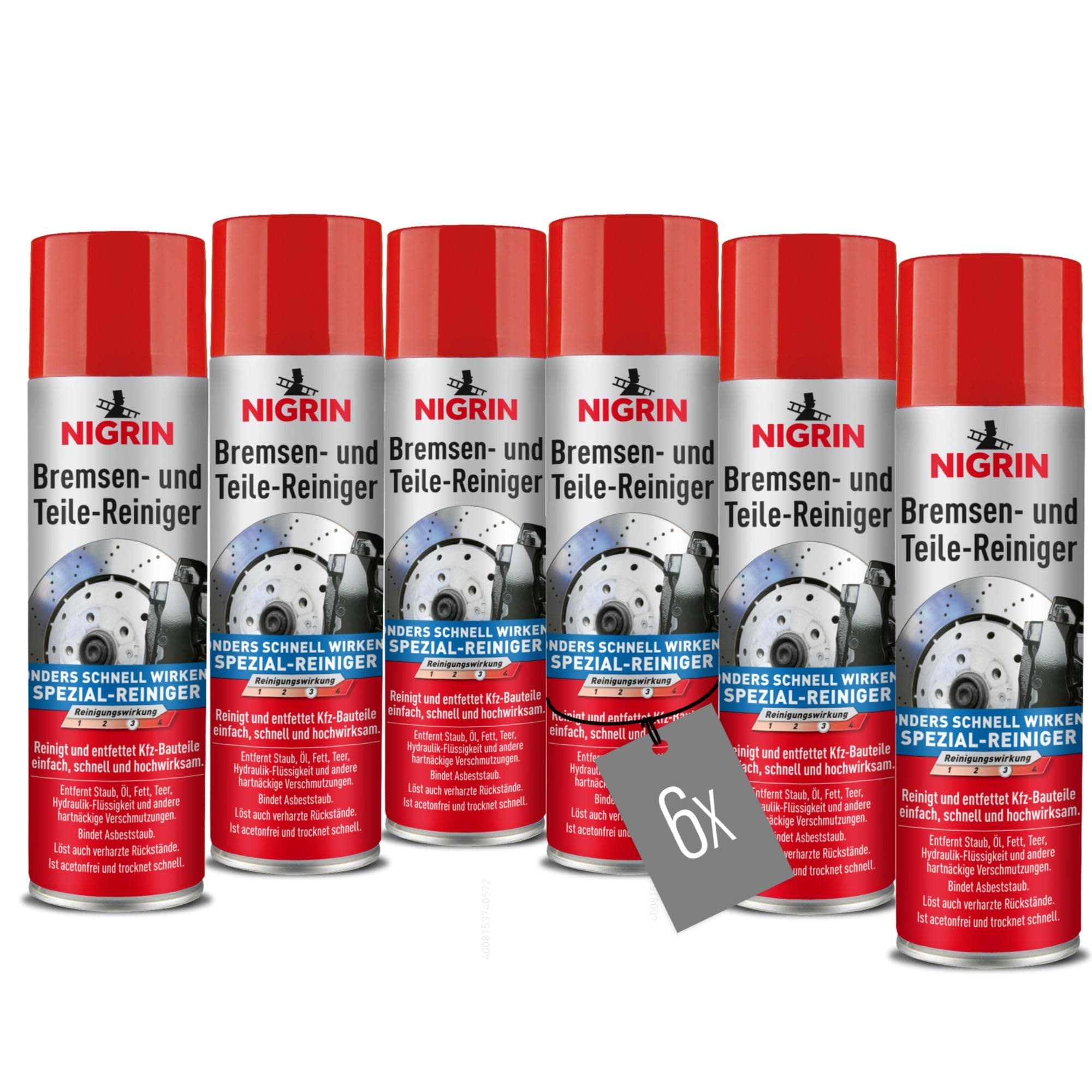 NIGRIN Bremsen- und Teile-Reiniger, reinigt und entfettet Bremsen, Getriebe, Kfz-Bauteile, schnell und effektiv, gegen hartnäckige Verschmutzungen, acetonfrei, 6X 500ml