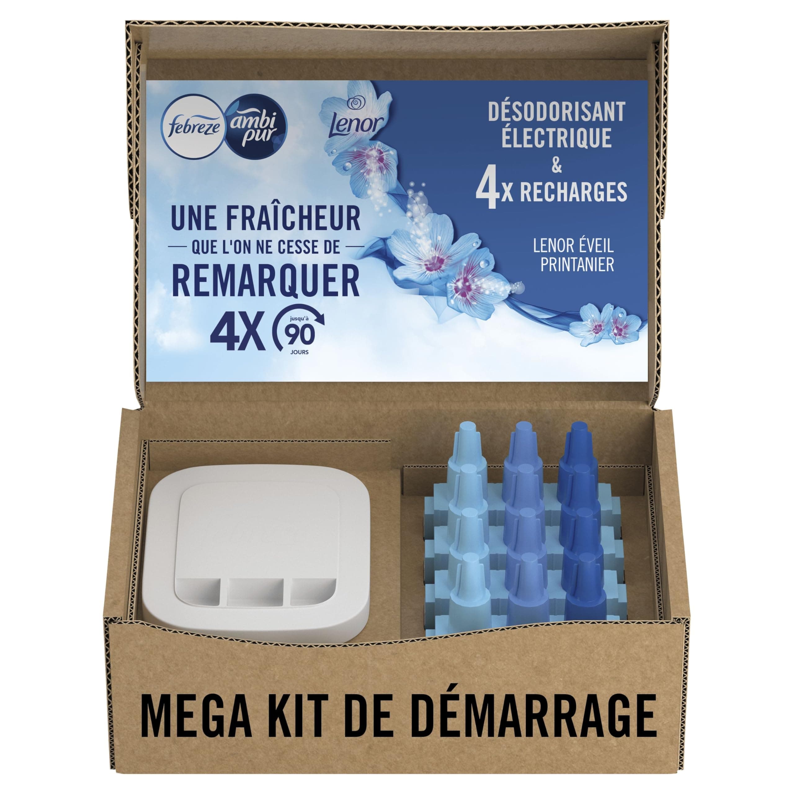Febreze Désodorisant Électrique Kit de Démarrage (1 Diffuseur, 4 Recharges de 20ml, 3 Parfums en Alternance), Parfum Eveil Printanier de Lenor, Combat les Odeurs en Continu, Fraîcheur Jusqu'à 90 Jours