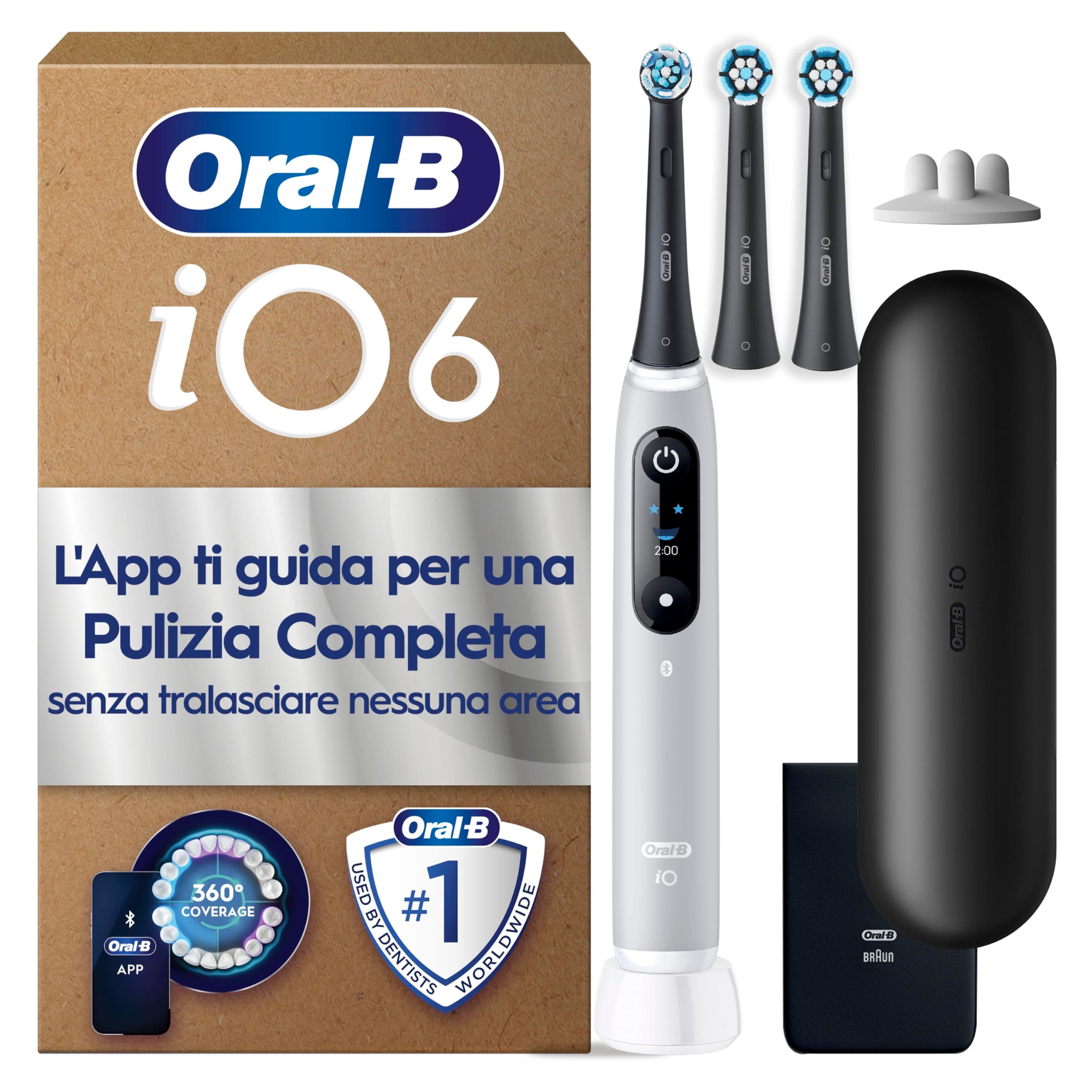 Oral-B iO 6 Spazzolino Elettrico, 3 Testine di Ricambio, Custodia, Grigio | 3 Testine di Ricambio per Spazzolino Elettrico, Ricaricabile, Custodia, Sensore Pressione, Delicato su Gengive, Pulizia Denti