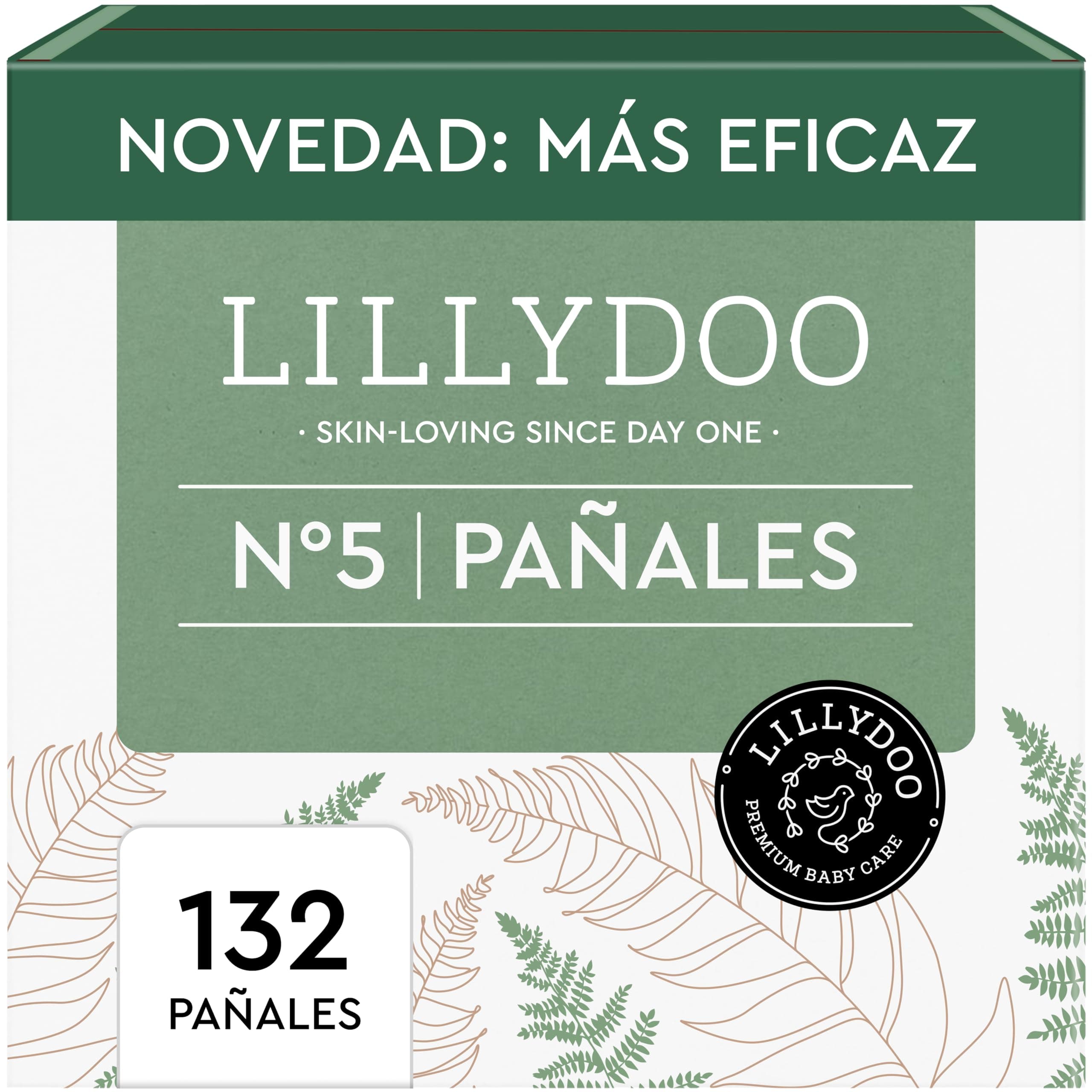 Pañales LILLYDOO green – talla 5 (11+ kg), caja mensual (132 unidades), protección contra fugas, sin cloro, sin perfumes ni lociones, para pieles sensibles, dermatológicamente testados