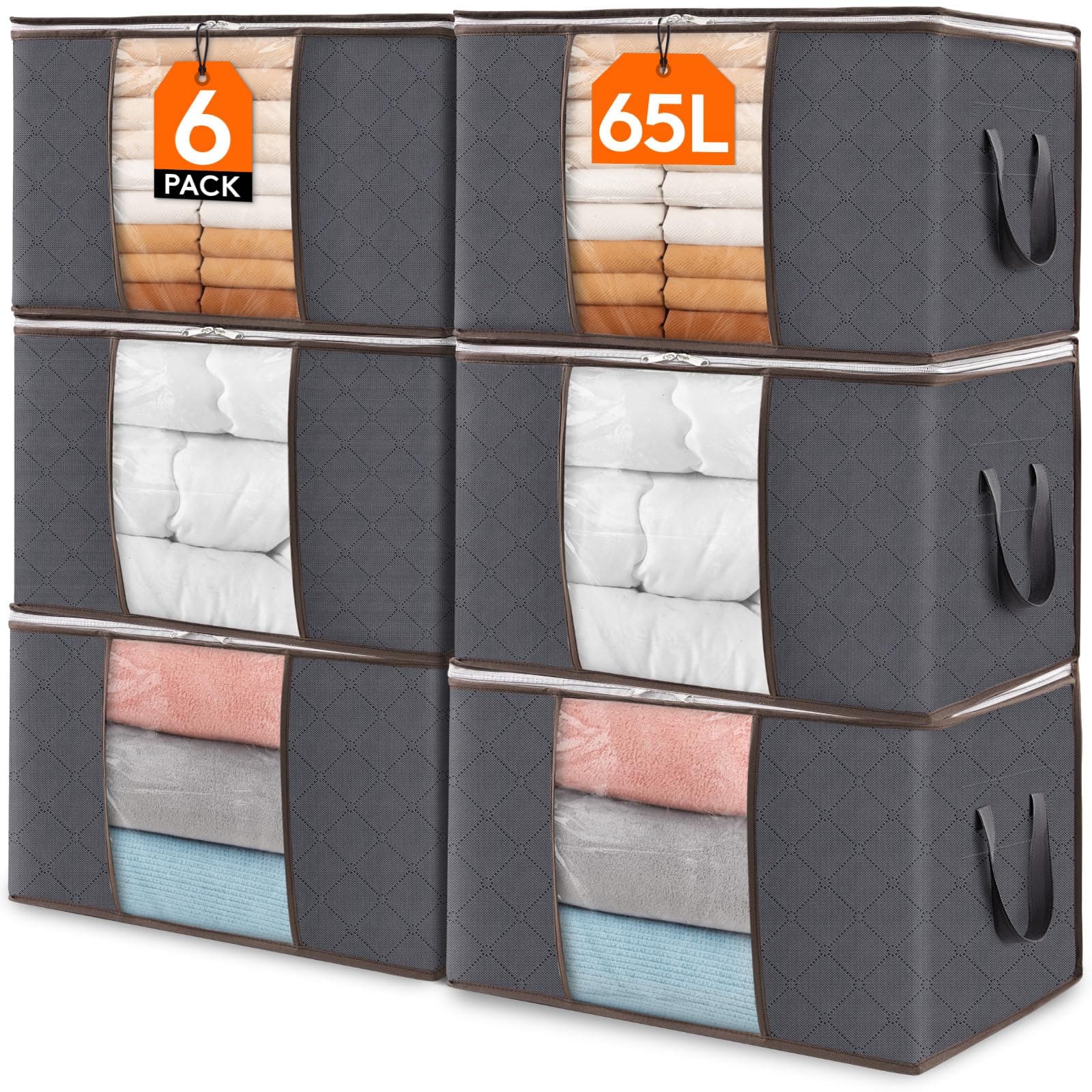 Lifewit Scatole per Vestiti, Organizer Armadio Salvaspazio, Scatole Armadio e Lenzuola con Manici Rinforzati e Finestra Trasparente, Contenitori Sottoletto, Grigio, 65L, 6 Pezzi