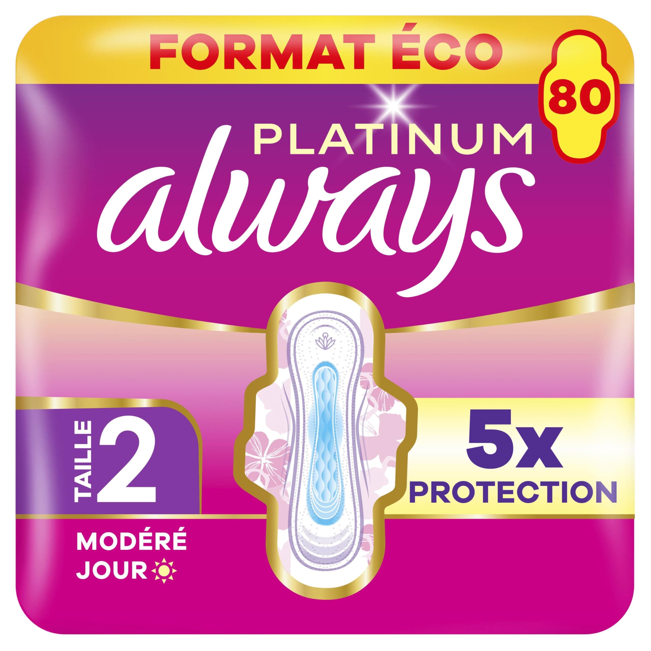 Always Platinum Serviettes Hygiéniques, Taille 2, Long, 80 Serviettes Avec Ailettes, Flux Modérés Jour, Format Eco, Douces et Flexibles, Super Absorbantes et Ultra Fines
