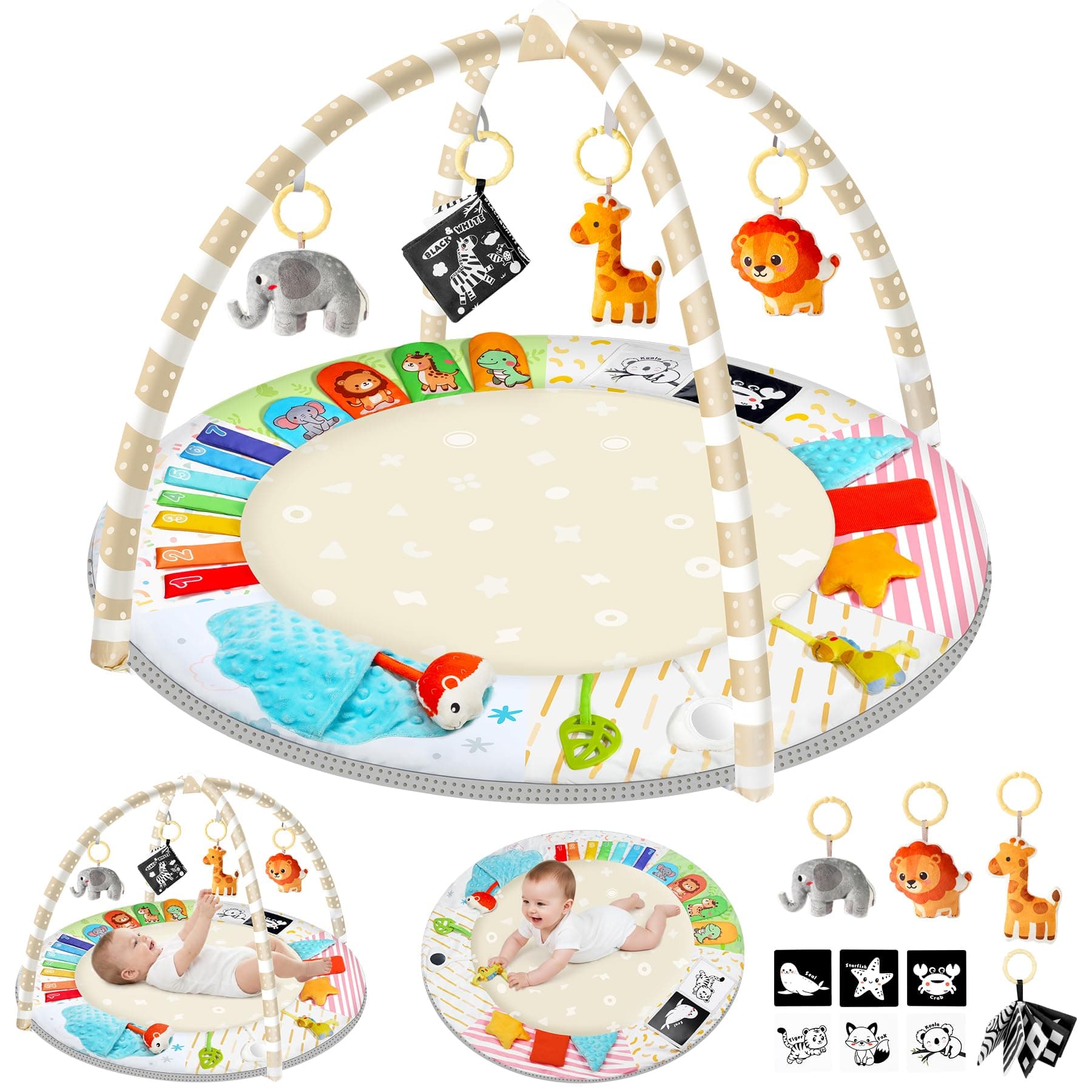 URMYWO Tapete Actividades Bebé, Alfombra Juegos Bebé con Arco Desmontable y 5 Juguetes Extraíbles, Estimula 6 Sentidos y Motricidad,Gimnasio Bebé Tummy Time 0-18 Meses,Juguete Ideal para Niña o Niño