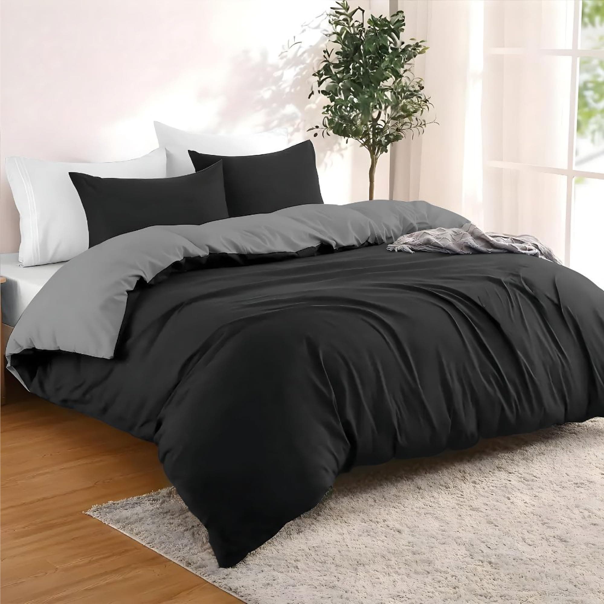 Dreamzie - Housse de Couette 240x220 cm avec 2 Taie Oreillers 65x65 cm - Noir/Gris Foncé - Parure de Lit 240x220 en 100% Microfibre - 3 Pièces - Certifié sans Produits Chimiques (Oeko TEX)