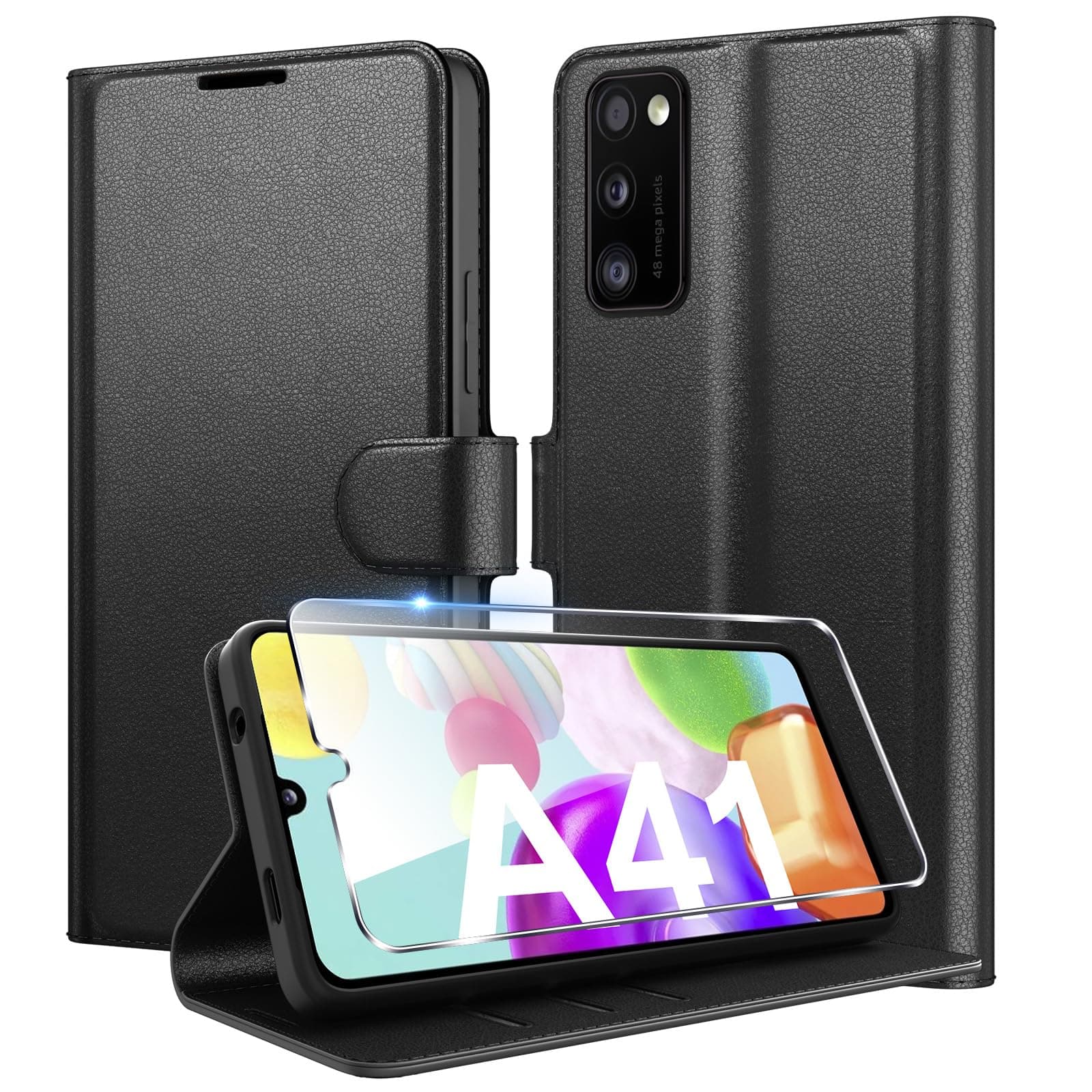 Eirltiy Coque pour Samsung Galaxy A41 en Premium Cuir PU, Portefeuille Housse Etui pour Cartes Protection Anti-Choc Flip Case avec 1 Verre Trempé Noir