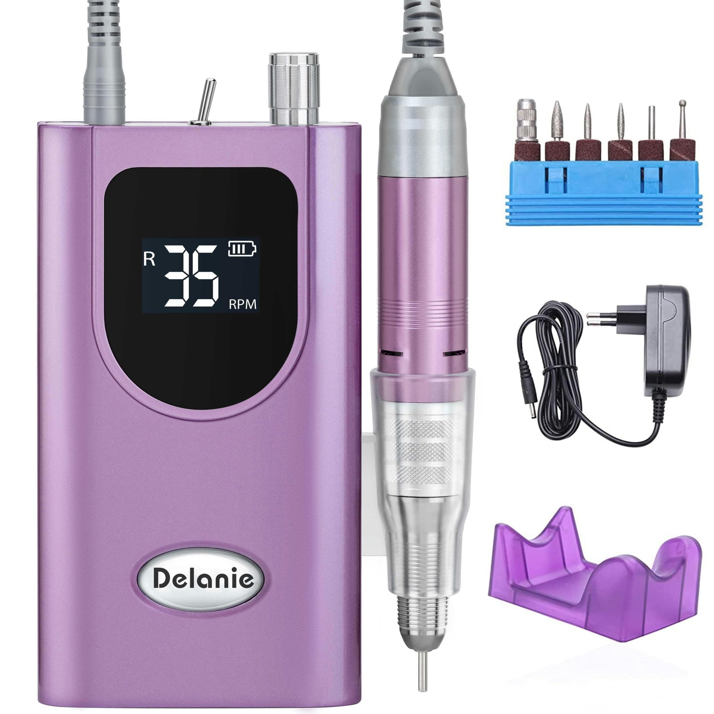 Delanie Ponceuse pour Ongles Professionnelle Electrique 35000 Tours Portable Rechargeable pour Manucure Pédicure avec 6 Embouts et Affichage LCD pour Domicile/Salon