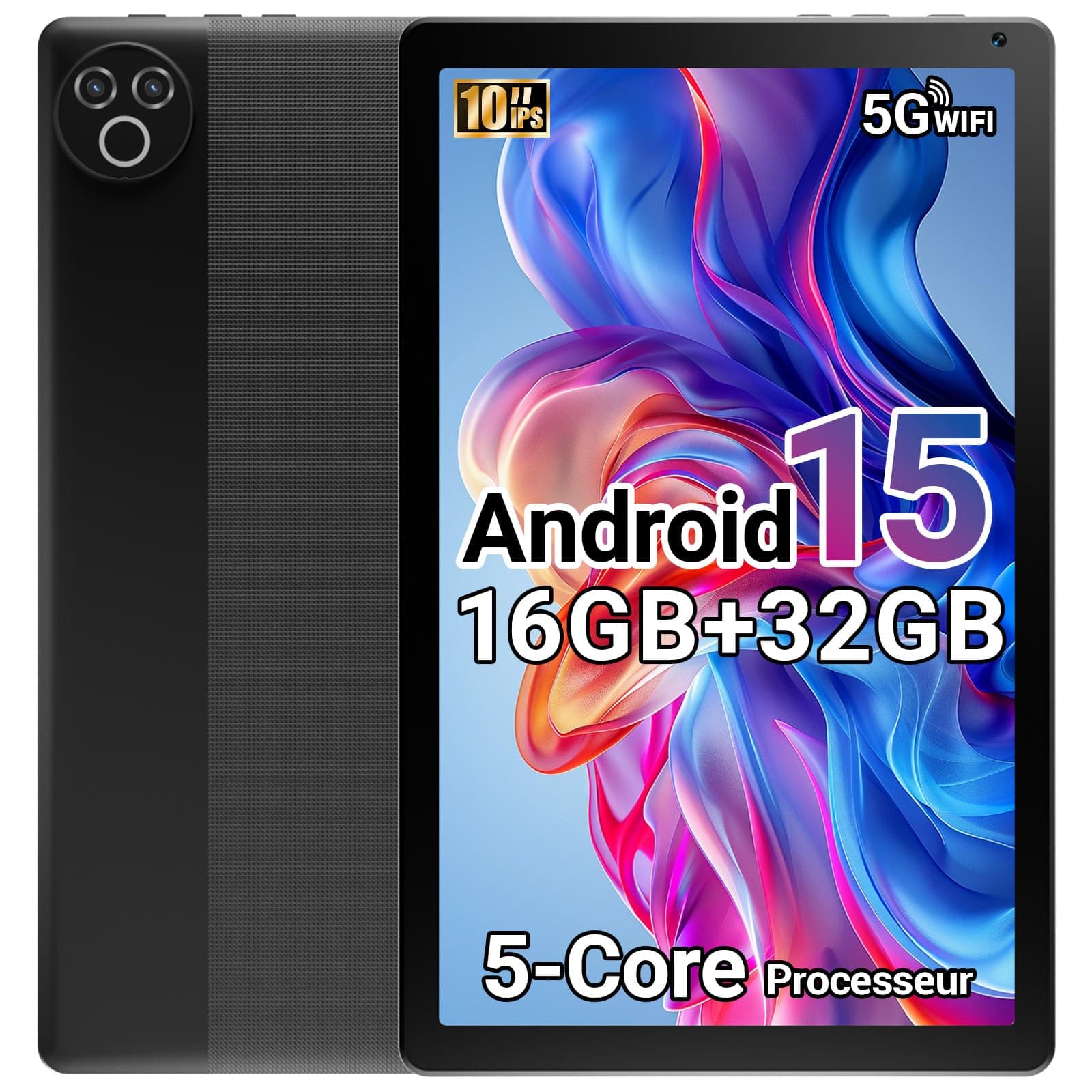 Yicty Tablette 10 Pouces Android 15 2026, 16 Go RAM, Processeur 5 cœurs, Écran HD IPS 1280x800, Double caméra, WiFi 6 5G, Bluetooth 5.4, Batterie 5000mAh, Certifiée GMS (Noir)