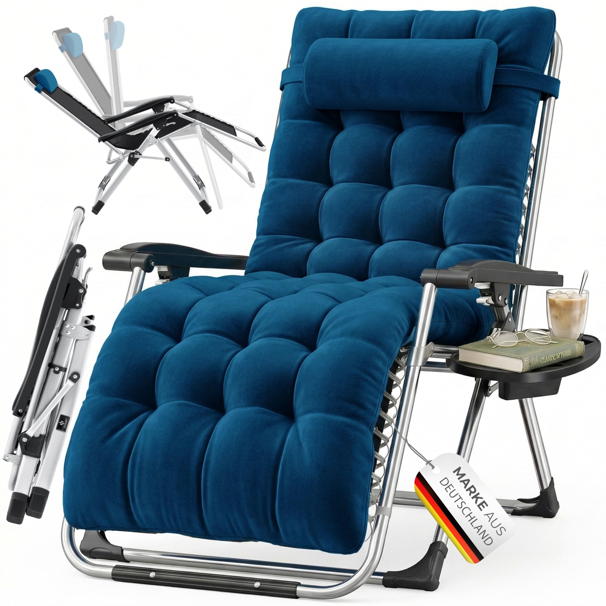 KESSER® Bain de soleil Chaise longue de jardin Coussin pour le cou + porte-boisson inc coussin XXL capacité 200kg pliable & résistant aux intempéries Chaise longue pliante Dossier réglable bleu marine