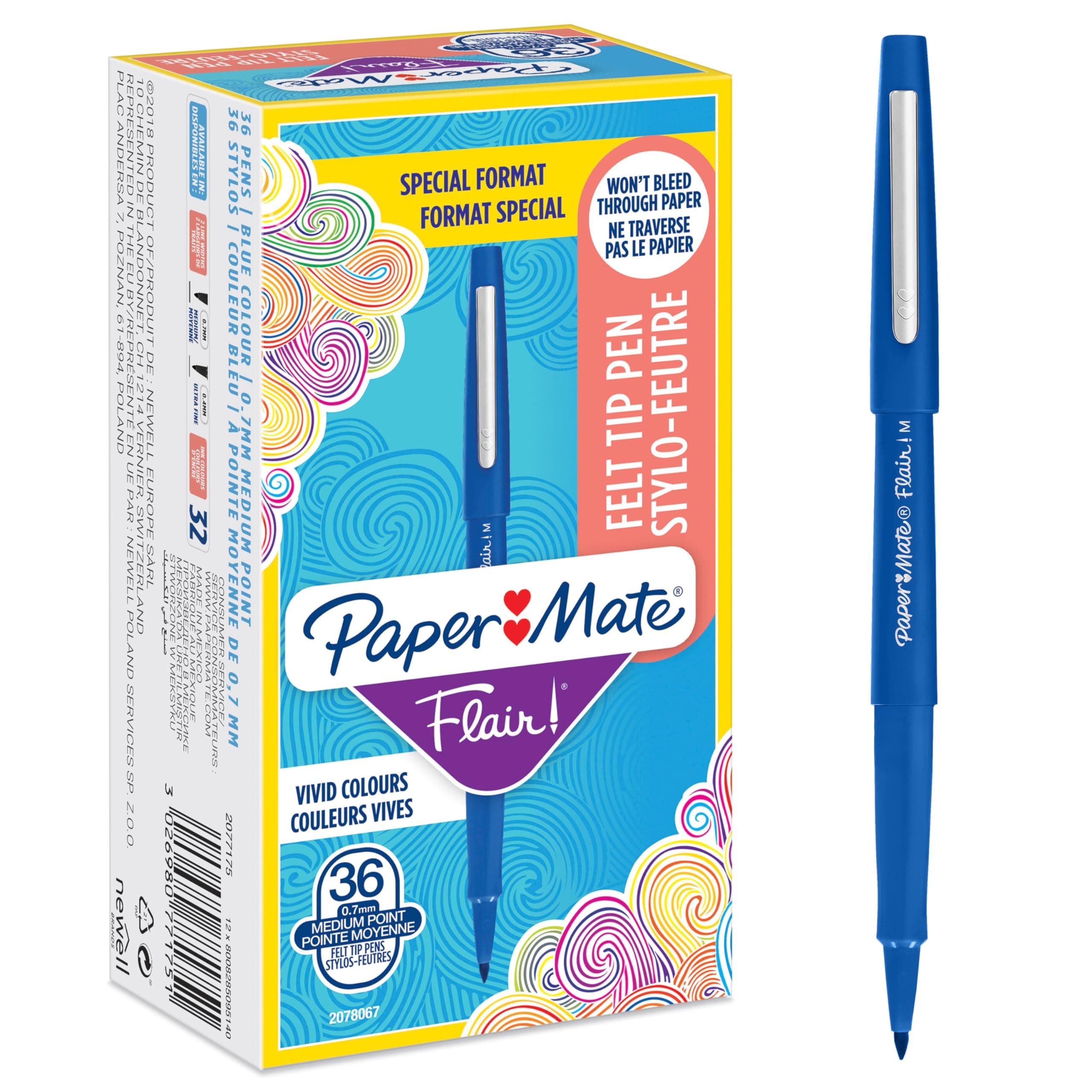 Paper Mate Flair Stylos feutres | Feutres de coloriage sans fuite à pointe moyenne (0,7 mm) | Encre bleue | Idéal pour écrirescrapbookingdessineretc. | Lot de 5