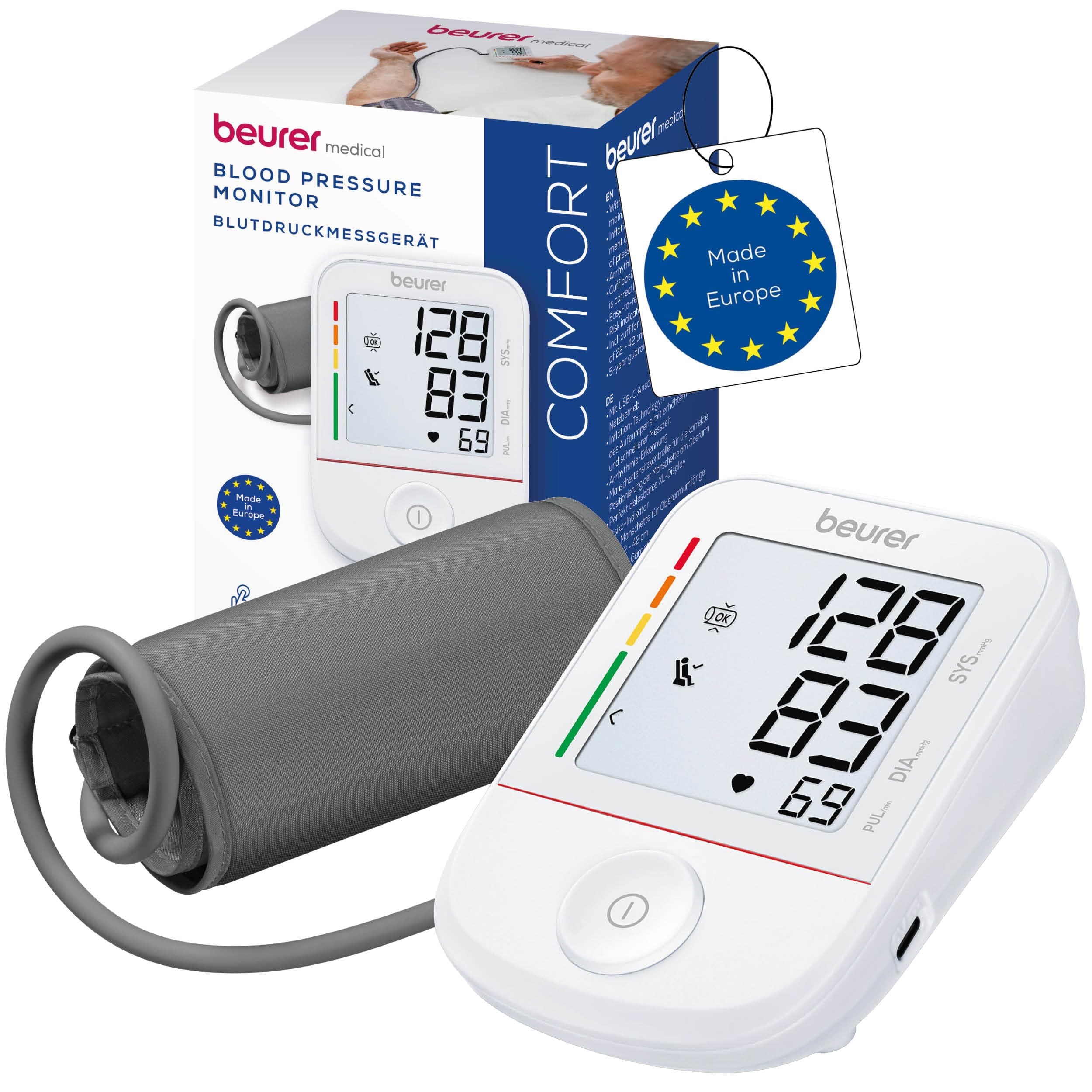 Beurer BM 38 Tensiomètre pour le bras, utilisation simple à un bouton, mesure précise grâce à l'indicateur de repos, détection d'arythmie, brassard 22-42 cm, transfert de données vers Apple Health