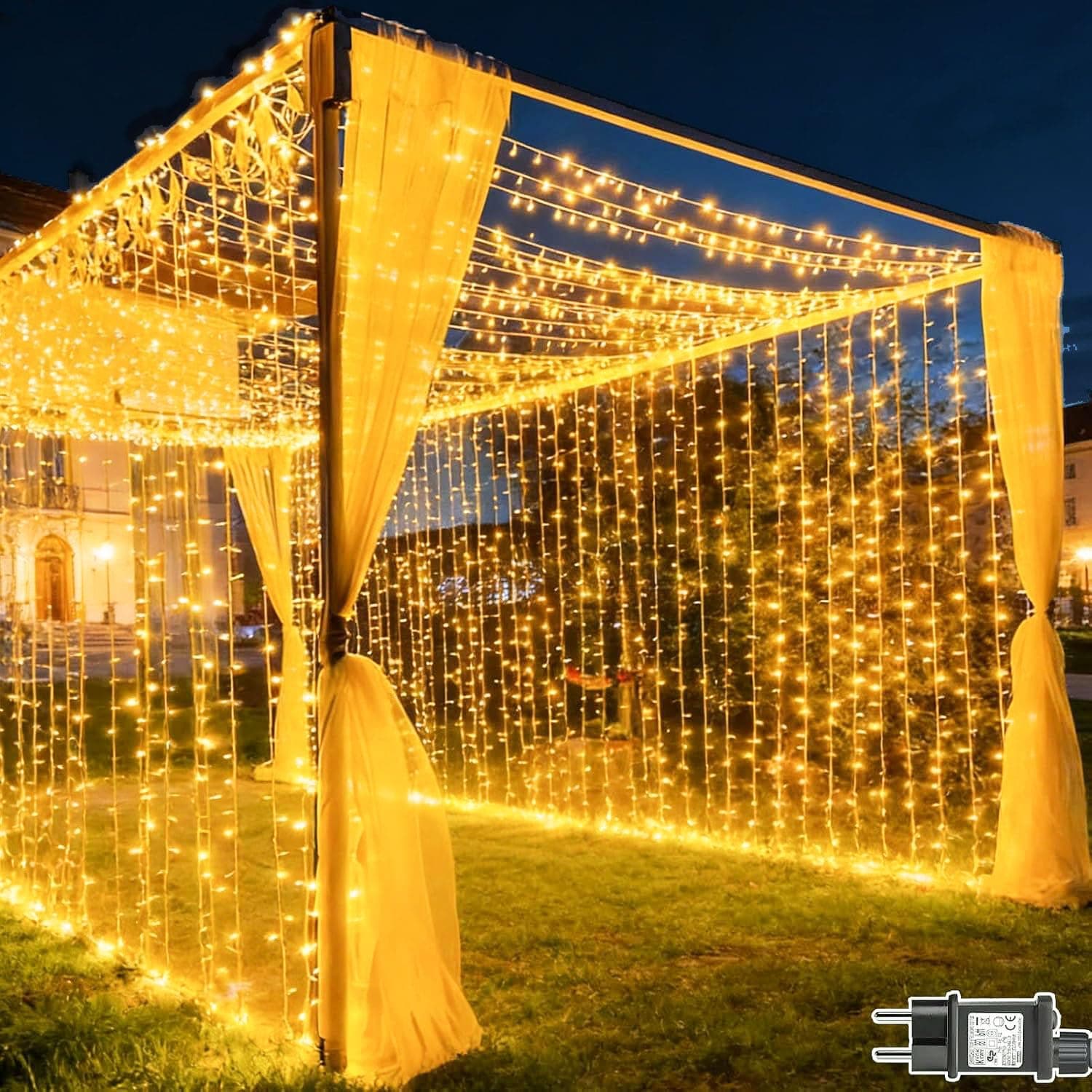 Cozymeow Cortina de Luces 6M x 3M 600 LED Guirnaldas Luminosas Exterior, Cascada de Luces Impermeable con Enchufe, Luces para Decoración Boda, Jardín, Terraza, Eventos y Fiestas - Blanco Cálido