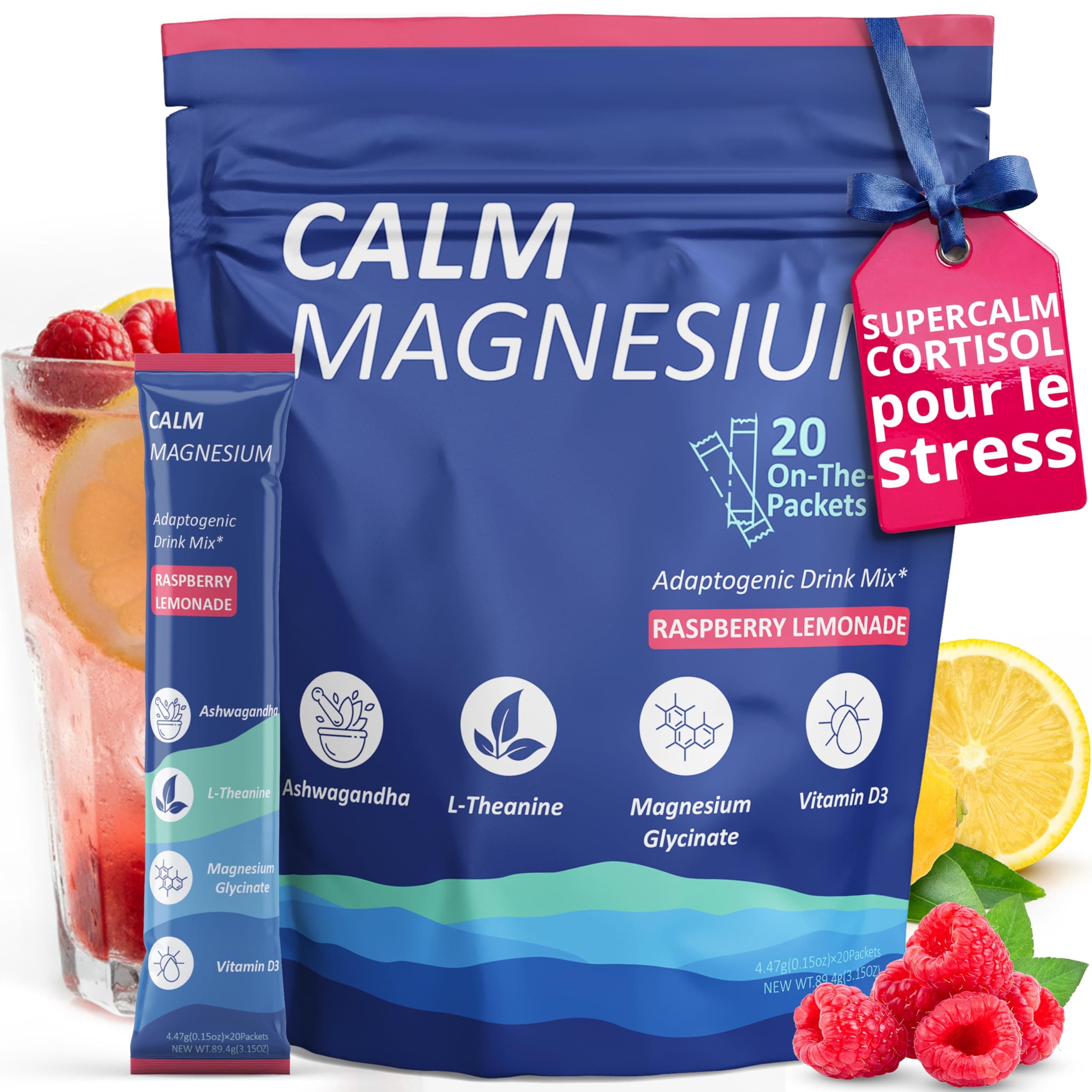 Supercalm Cortisol Drink Blend Packets, Calming Magnesium for Relaxation, Concentration and Sleep, Raspberry Lemonade, No Sugar, Non-GMO, Vegan (20 Servings)