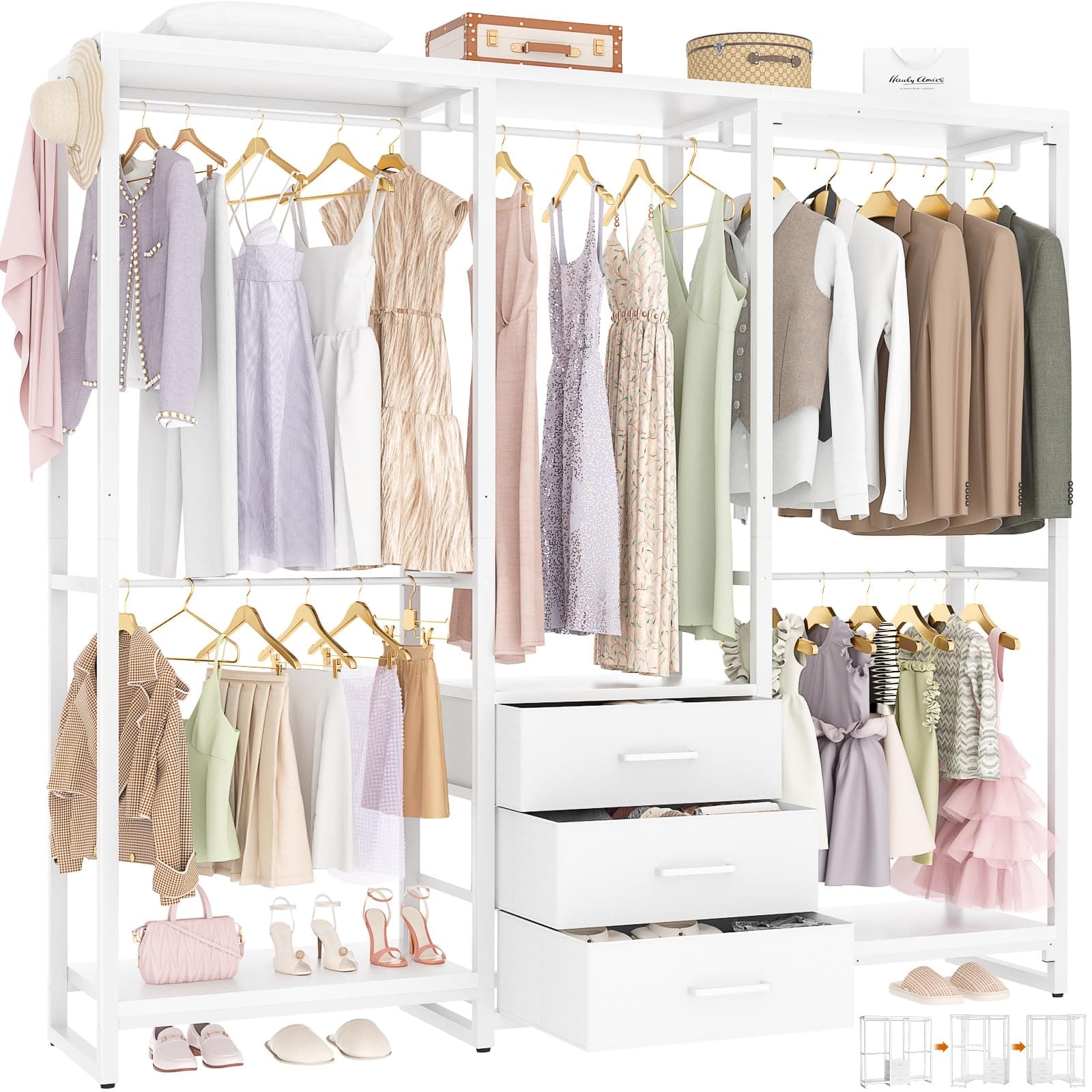 iSunirm penderie Armoire de Chambre autoportante avec tiroirs, Porte-vêtements Robuste pour Suspendre Les vêtements，165×40×190CM,Chêne Blanc