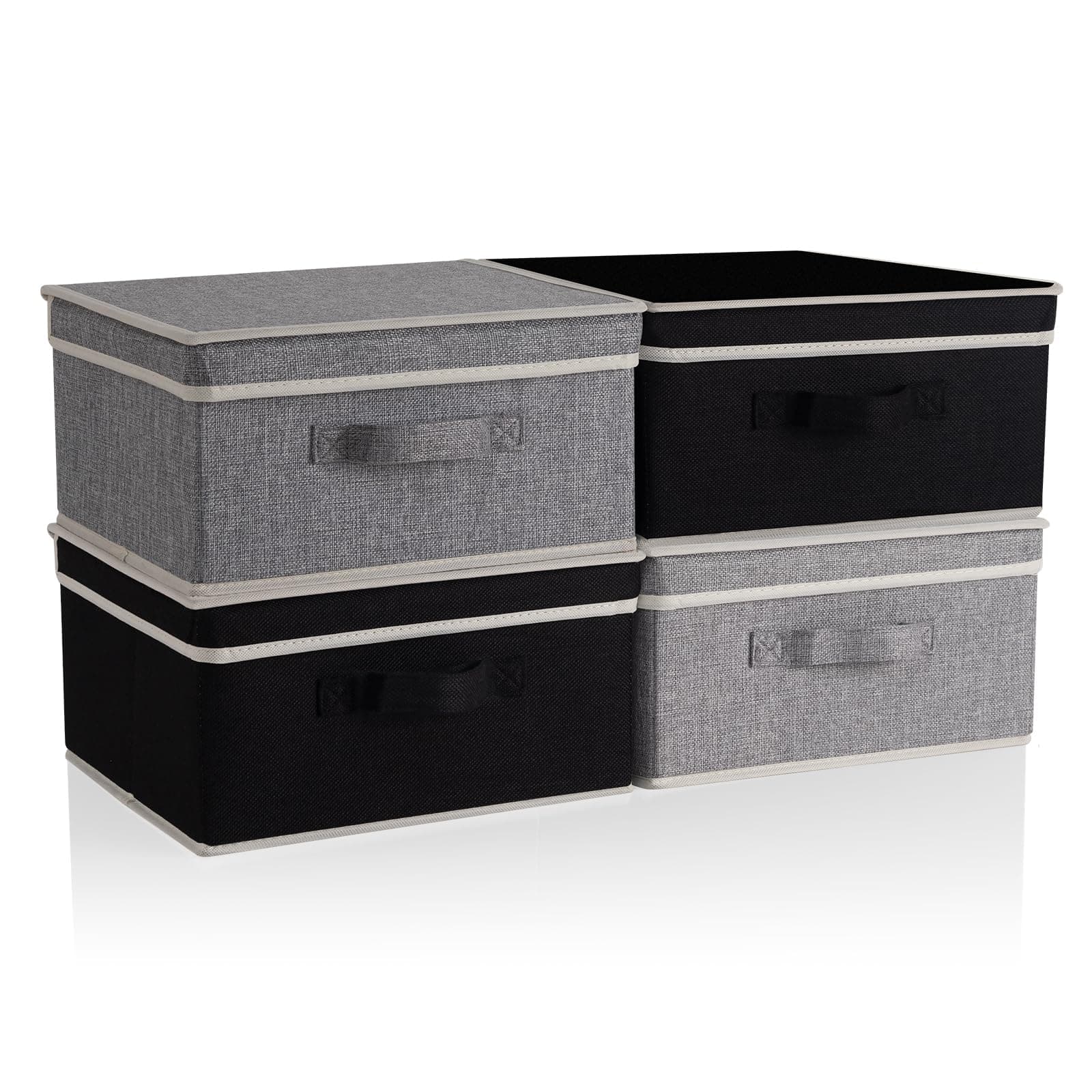 BrilliantJo Boîtes de rangement avec couvercle, panier de rangement pliable pour vêtements avec poignée pour placard, chambre, maison, 33,5L x 31,75L x 17,5H(cm) Gris+Noir