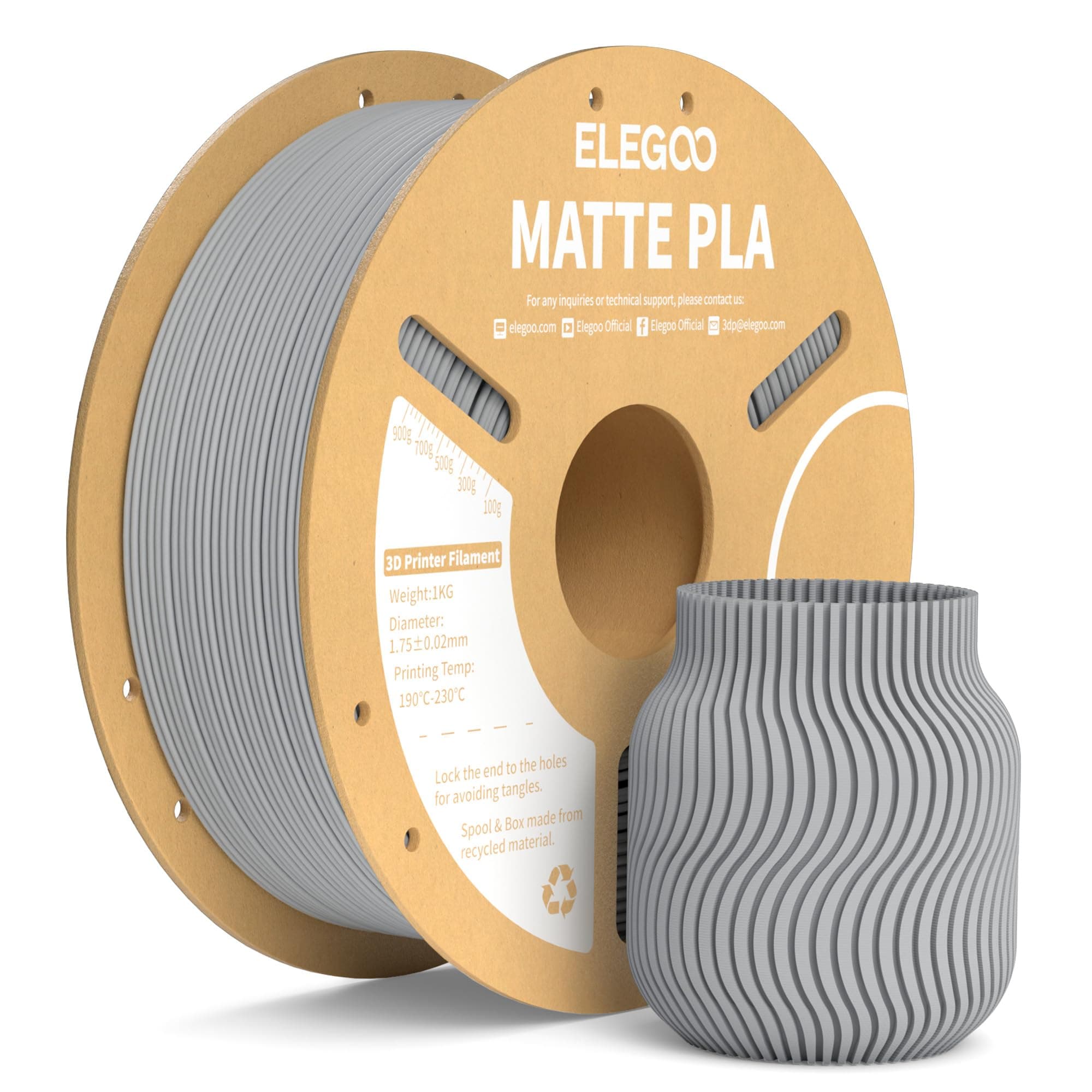 ELEGOO Filamento PLA Matte Grigio Ardesia 1 kg, 1,75 mm, Opaco PLA Filamento per Stampante 3D, precisione di misurazione +/- 0,02 mm, adatto per maggior parte delle stampanti 3D FDM