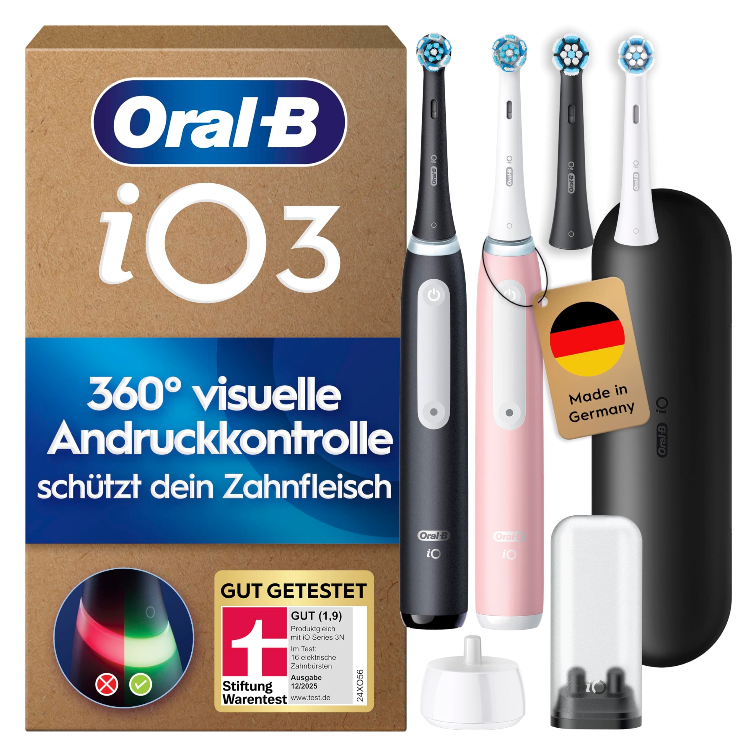 Oral-B iO Series 3 Elektrische Zahnbürste — Doppelpack — Electric Toothbrush, Inkl. 4 Aufsteckbürsten — 3 Putzmodi für Zahnpflege, Designed by Braun, GUT GETESTET von STIFTUNG WARENTEST — Schwarz/Rosa