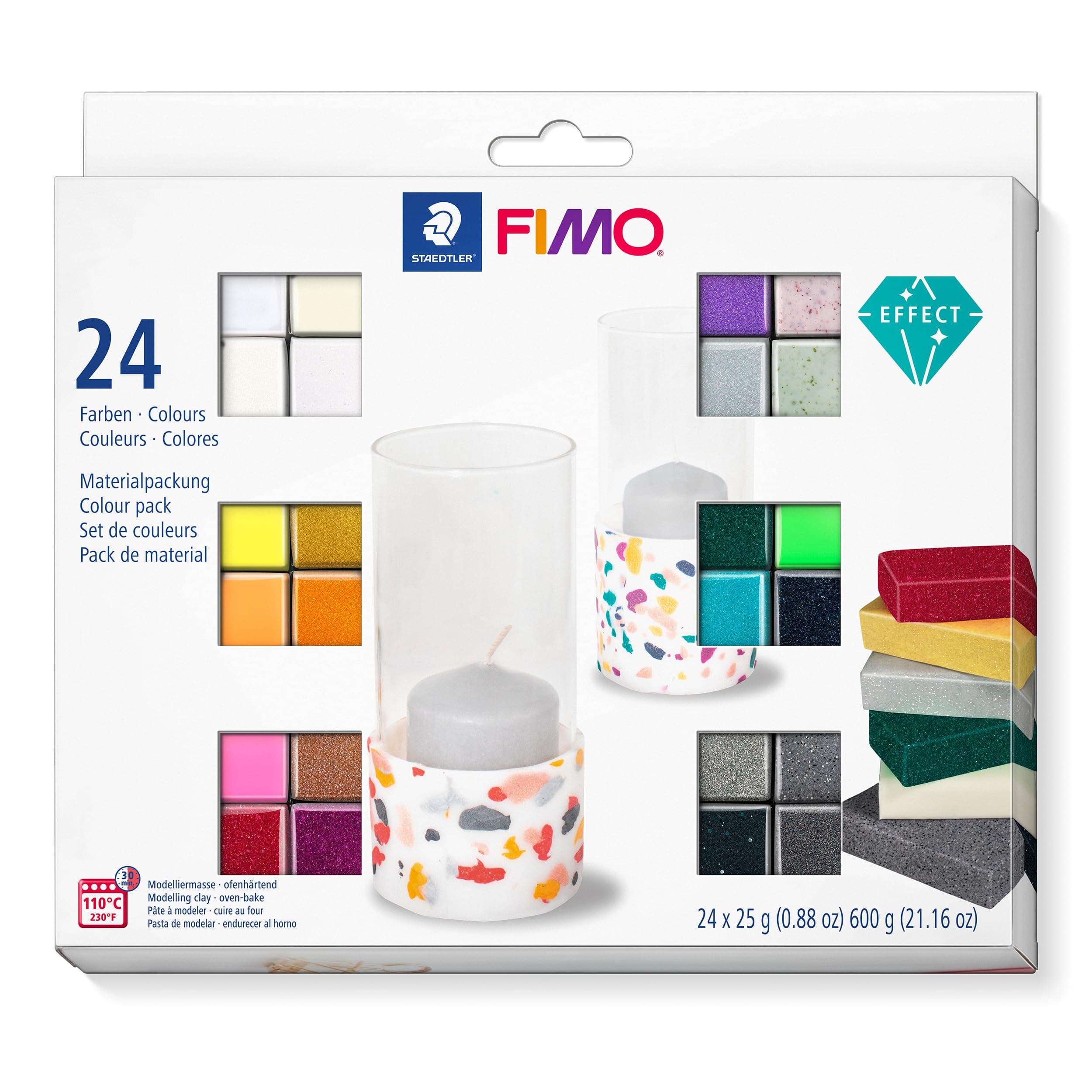 STAEDTLER ofenhärtende Modelliermasse FIMO effect, perfekt abgestimmte Farbkombinationen mit unterschiedlichen Effekten, 24 Halbblöcke á 25g in sortierten Farben, 8013 C24-1
