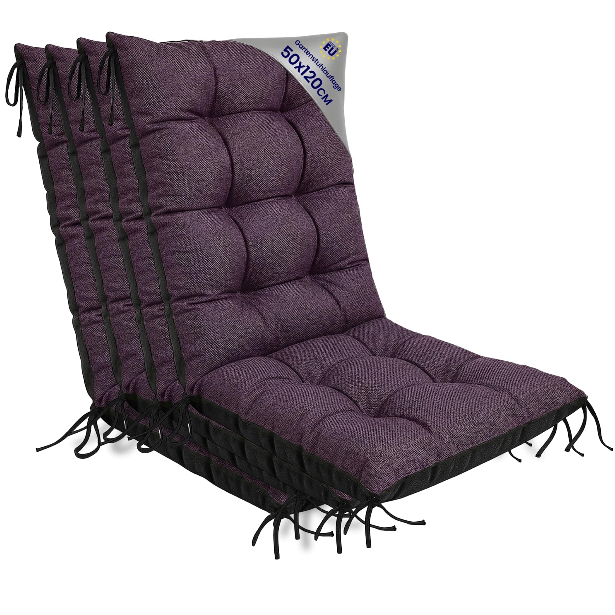 Amazinggirl Cojín Silla Jardín Respaldo Alto Set: 4X 50x120 cm - Colchón Asiento Exterior Mueble Patio Confort Impermeable Grueso Protección Burdeos Lino ecológico Terraza Sol