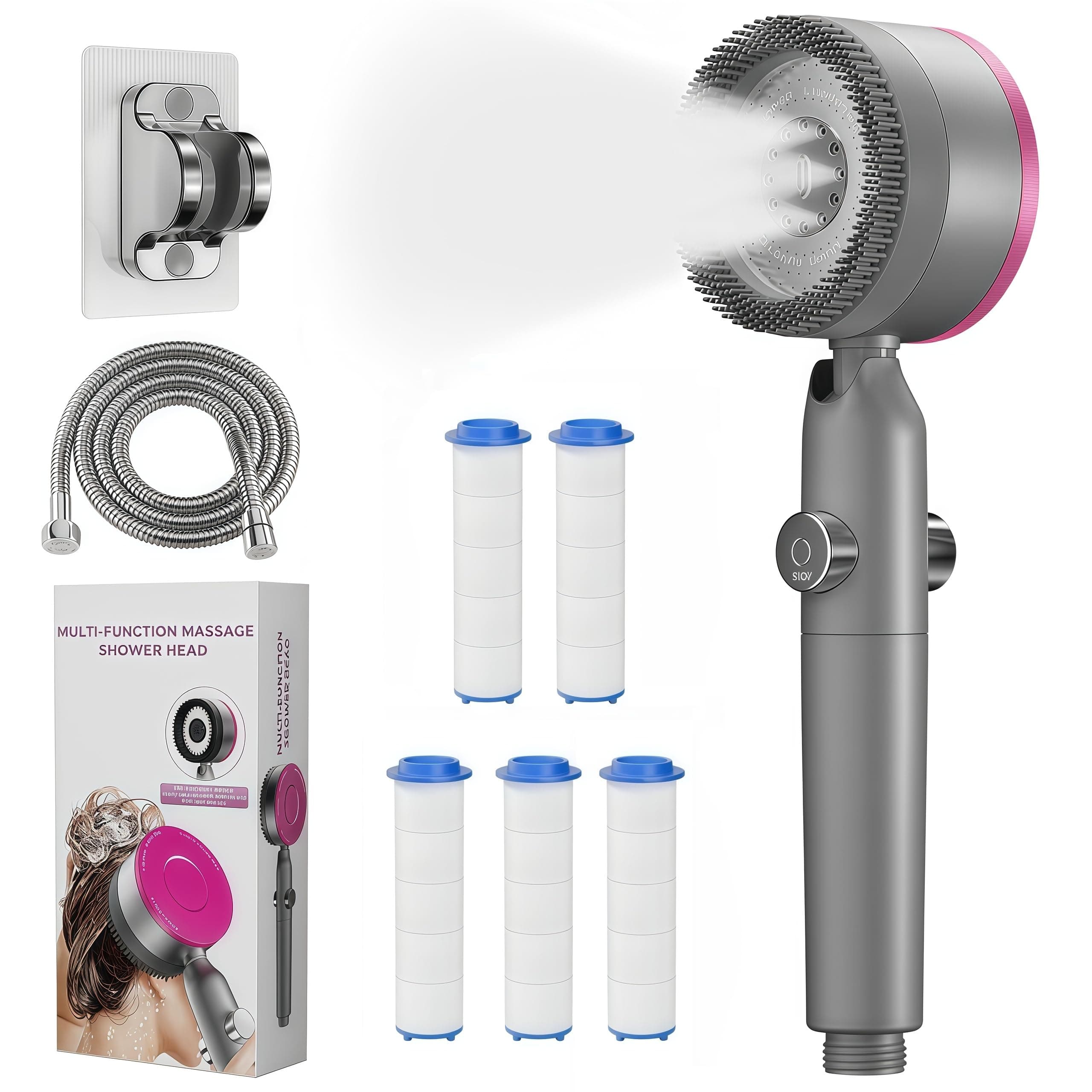 Alcachofa de Ducha con Filtro, Alcachofa Ducha de Alta Presión,Ducha Antical con Manguera de 1.5M,Soporte,Filtro*5,Alcachofas con 4 Modos,Modelo que Ahorra Agua para Agua Dura con OFF/ON