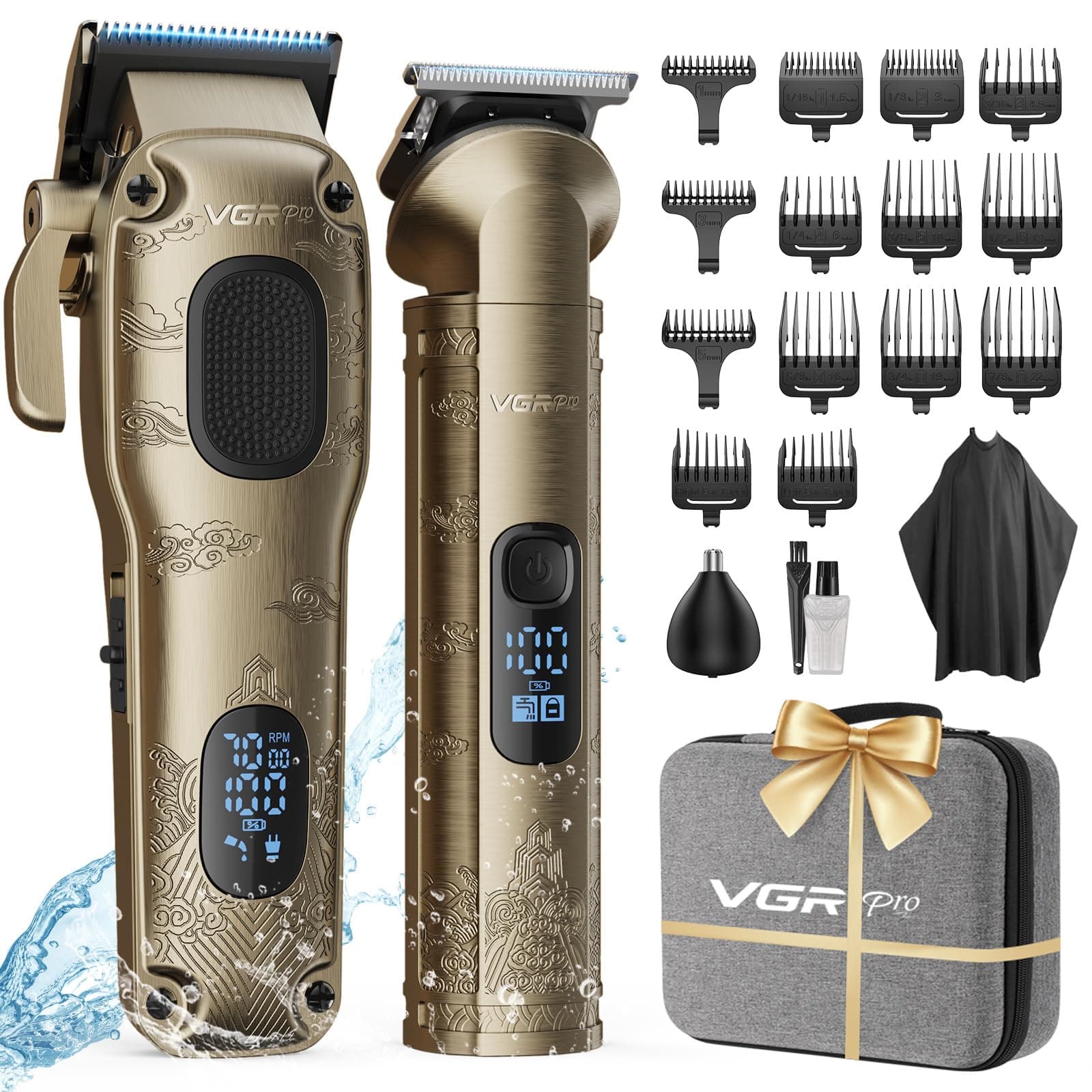 Vgrpro Tondeuse Cheveux Hommes Professionnelle, Tondeuse Cheveux Sans Fil pour Coupe de Cheveux, Kit Tondeuse et T-lames Trimmer Homme, Tondeuse Électrique pour Homme avec Boîte d'Emballage(Gloden)