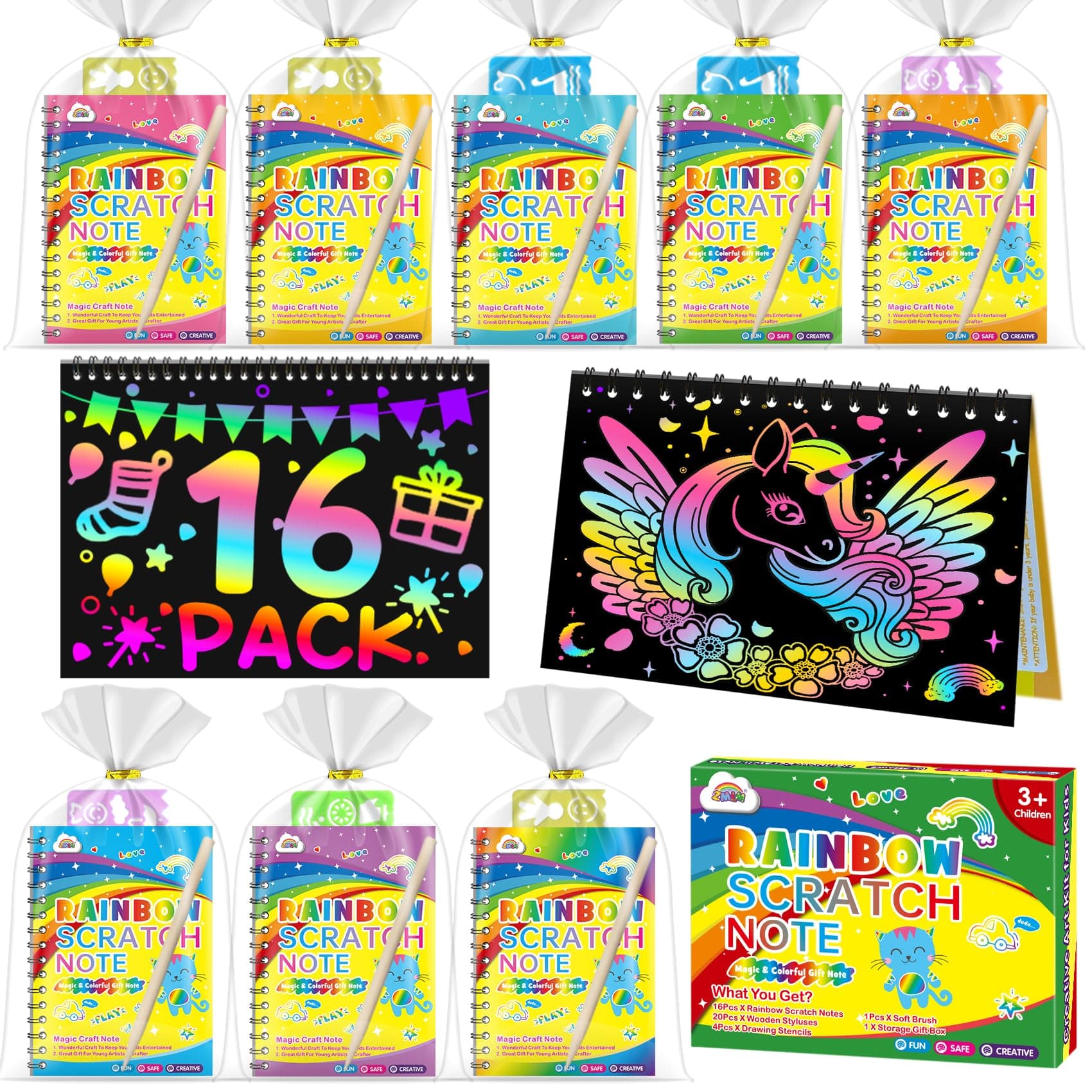 ZMLM 16 Libros Scratch Art para Niños, Regalo Creativo Dibujar de Rascar Kit con 18 Lápices de Madera, 16 Plantillas de Dibujo, Rainbow Magic Scratch Papel Regalo Cumpleaños Niños para de 3 a 12 Años